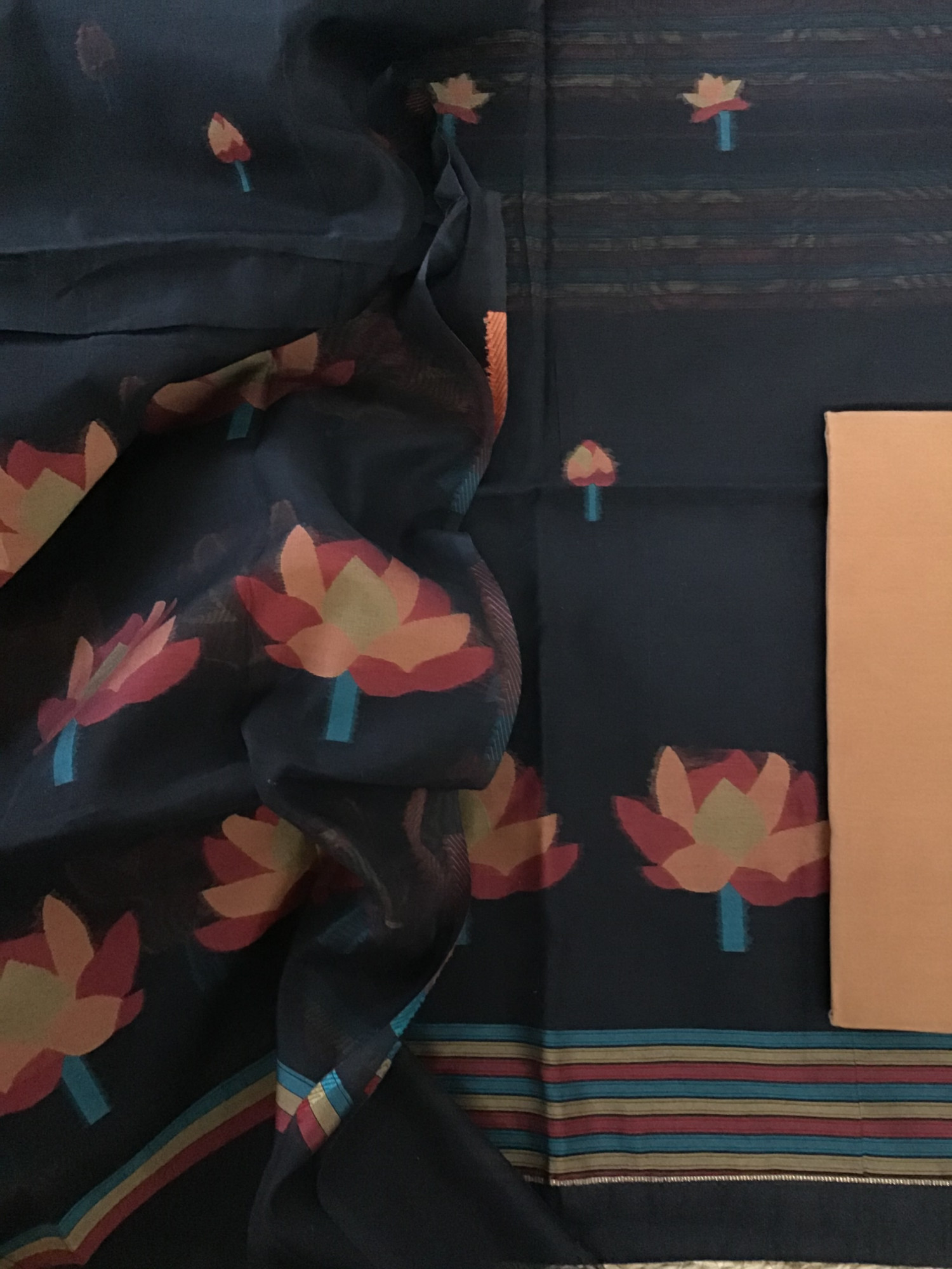 Soft Slub Chanderi Jamdani Weaved Suit - BlackOrange