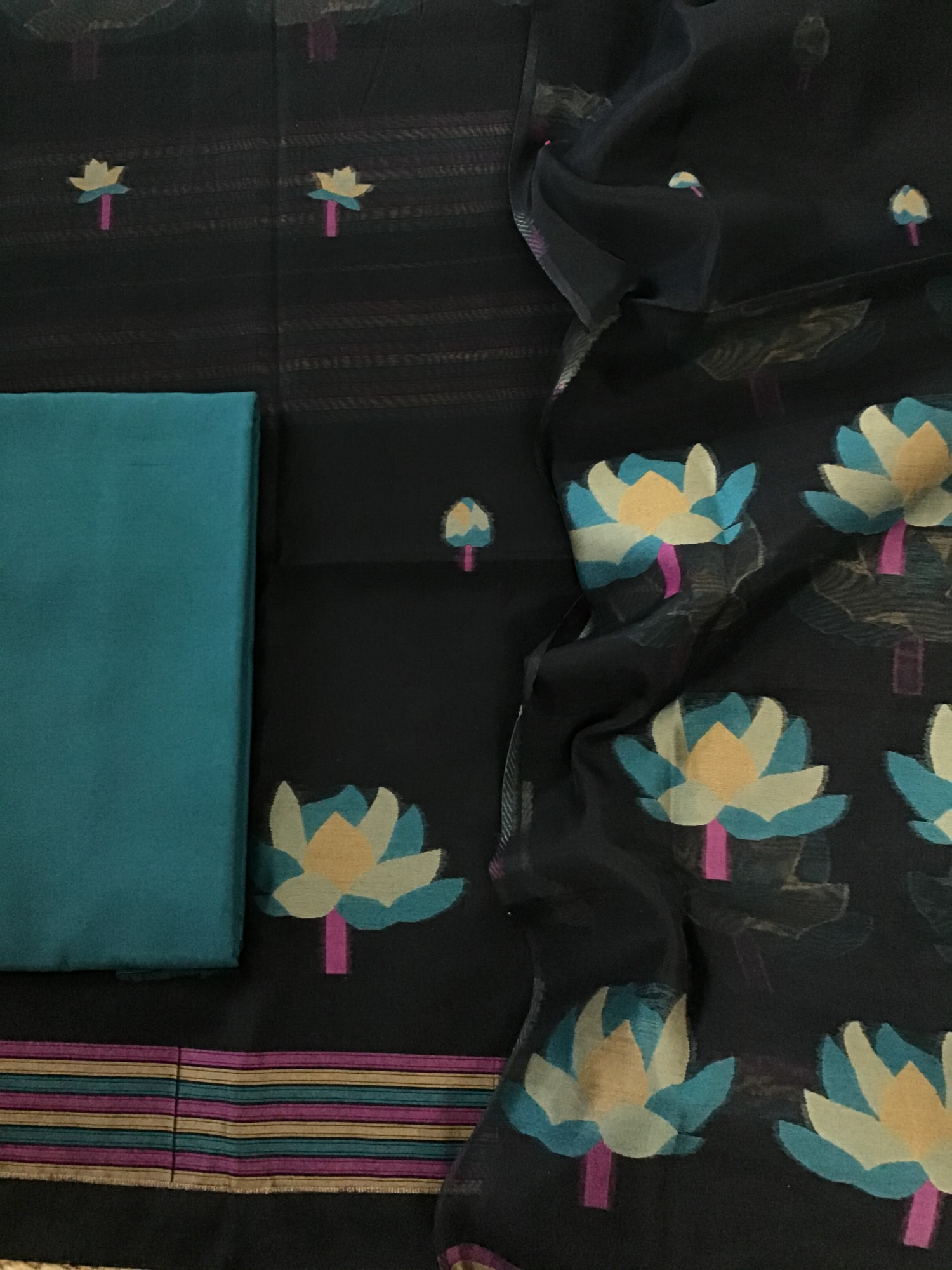 Soft Slub Chanderi Jamdani Weaved Suit - BlackGreen