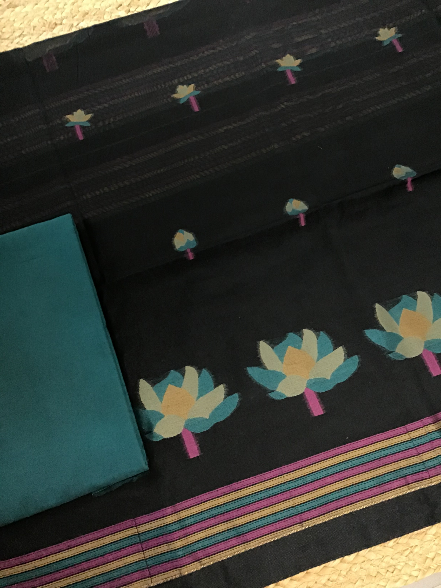 Soft Slub Chanderi Jamdani Weaved Suit - BlackGreen