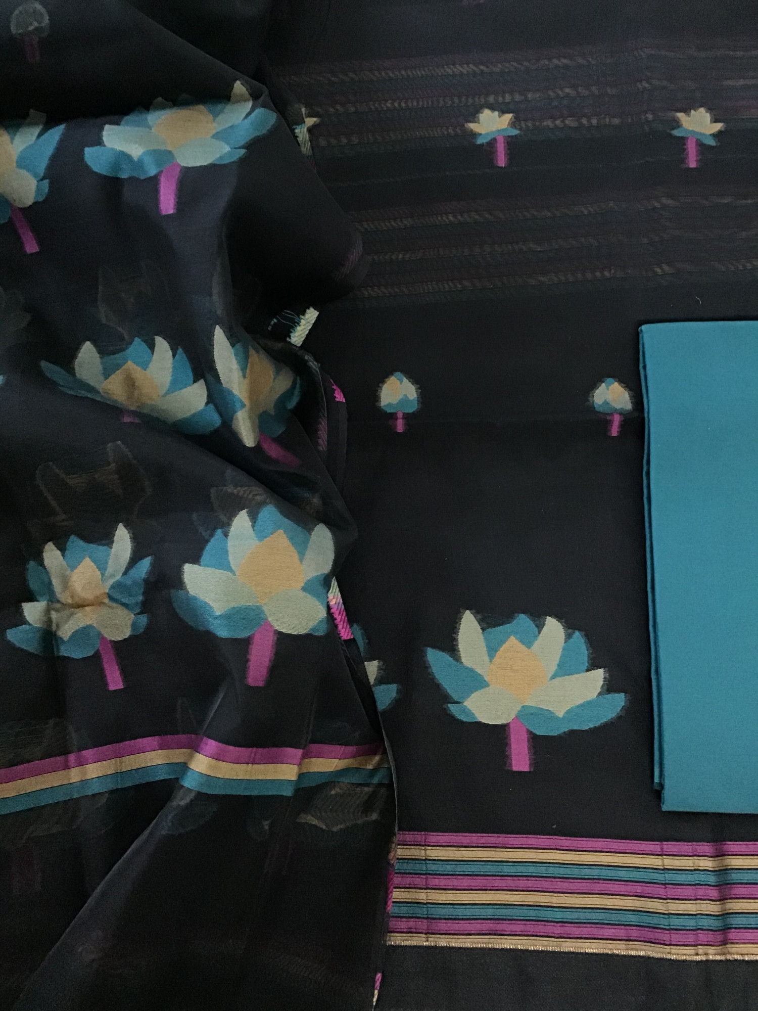 Soft Slub Chanderi Jamdani Weaved Suit - BlackGreen