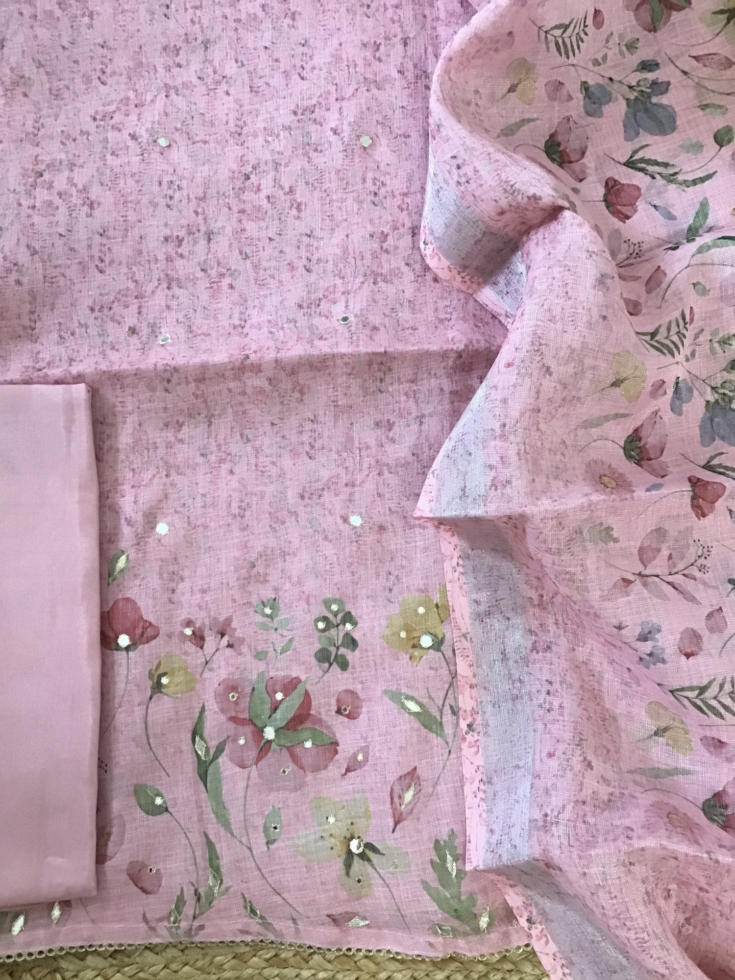 Soft Tissue Slub Cotton Printed Embroidered Suit - Pink