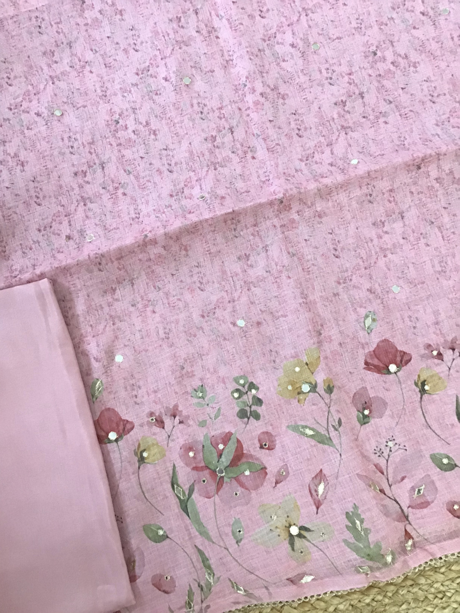 Soft Tissue Slub Cotton Printed Embroidered Suit - Pink