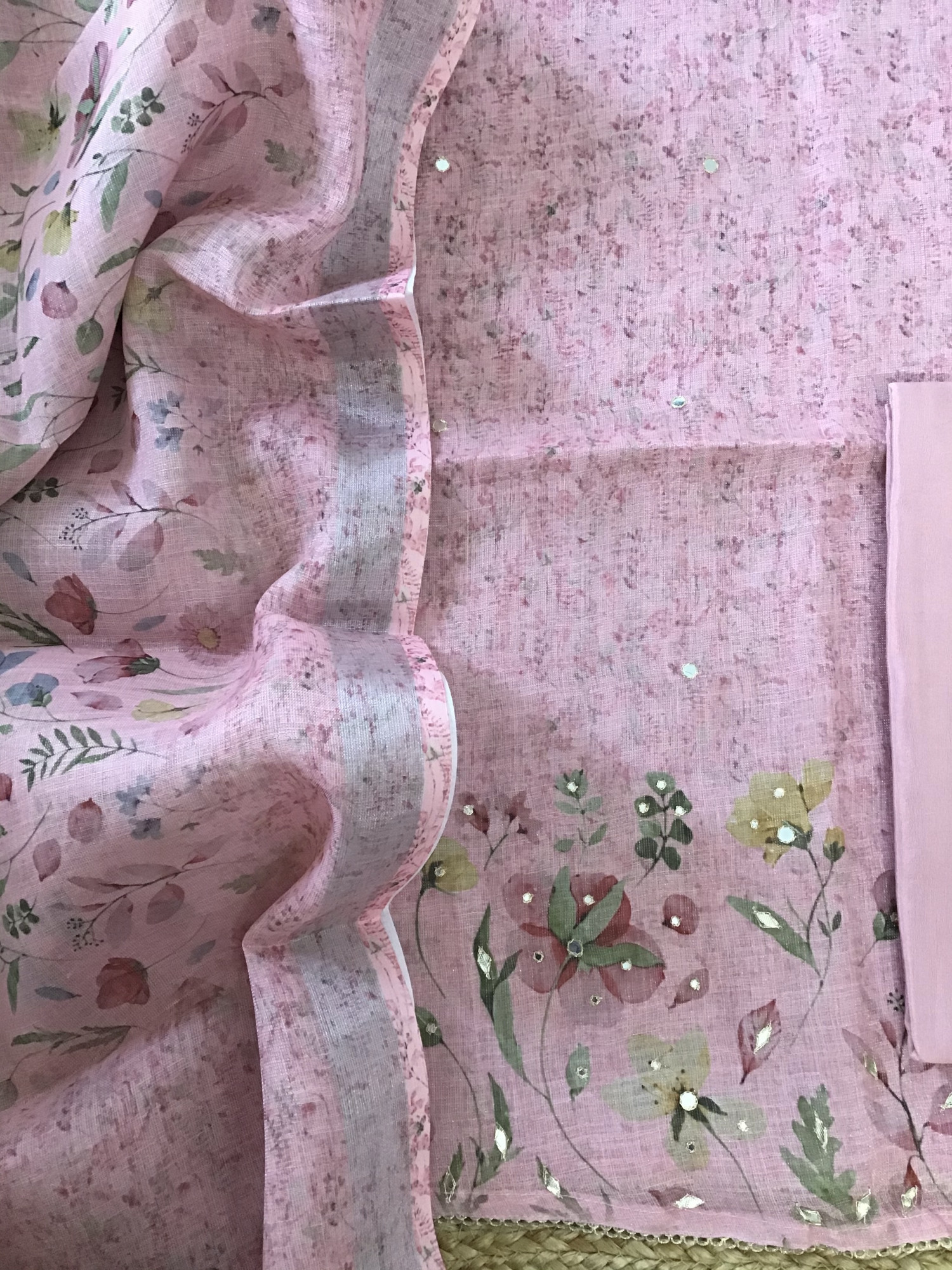 Soft Tissue Slub Cotton Printed Embroidered Suit - Pink