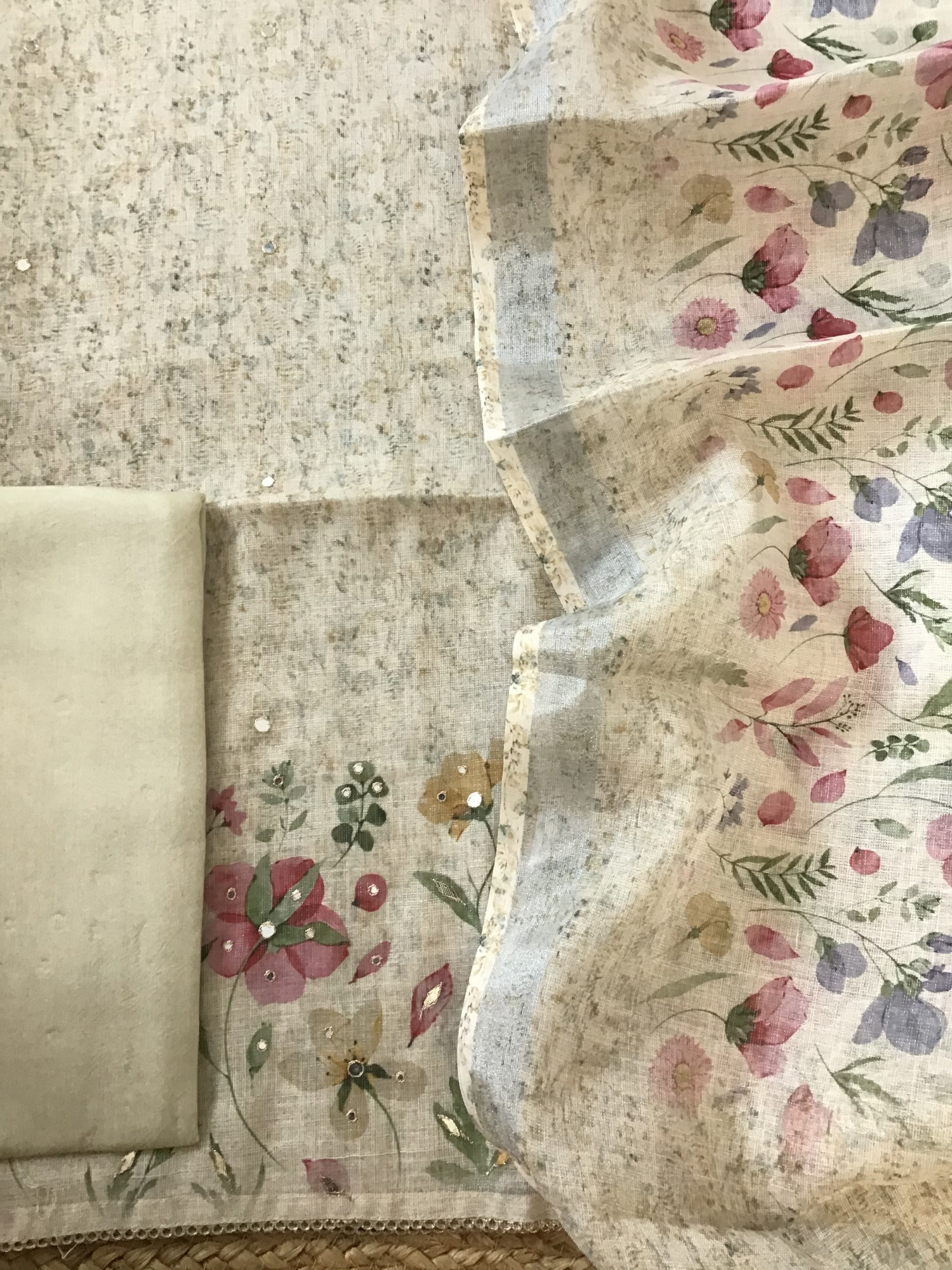 Soft Tissue Slub Cotton Printed Embroidered Suit - Cream