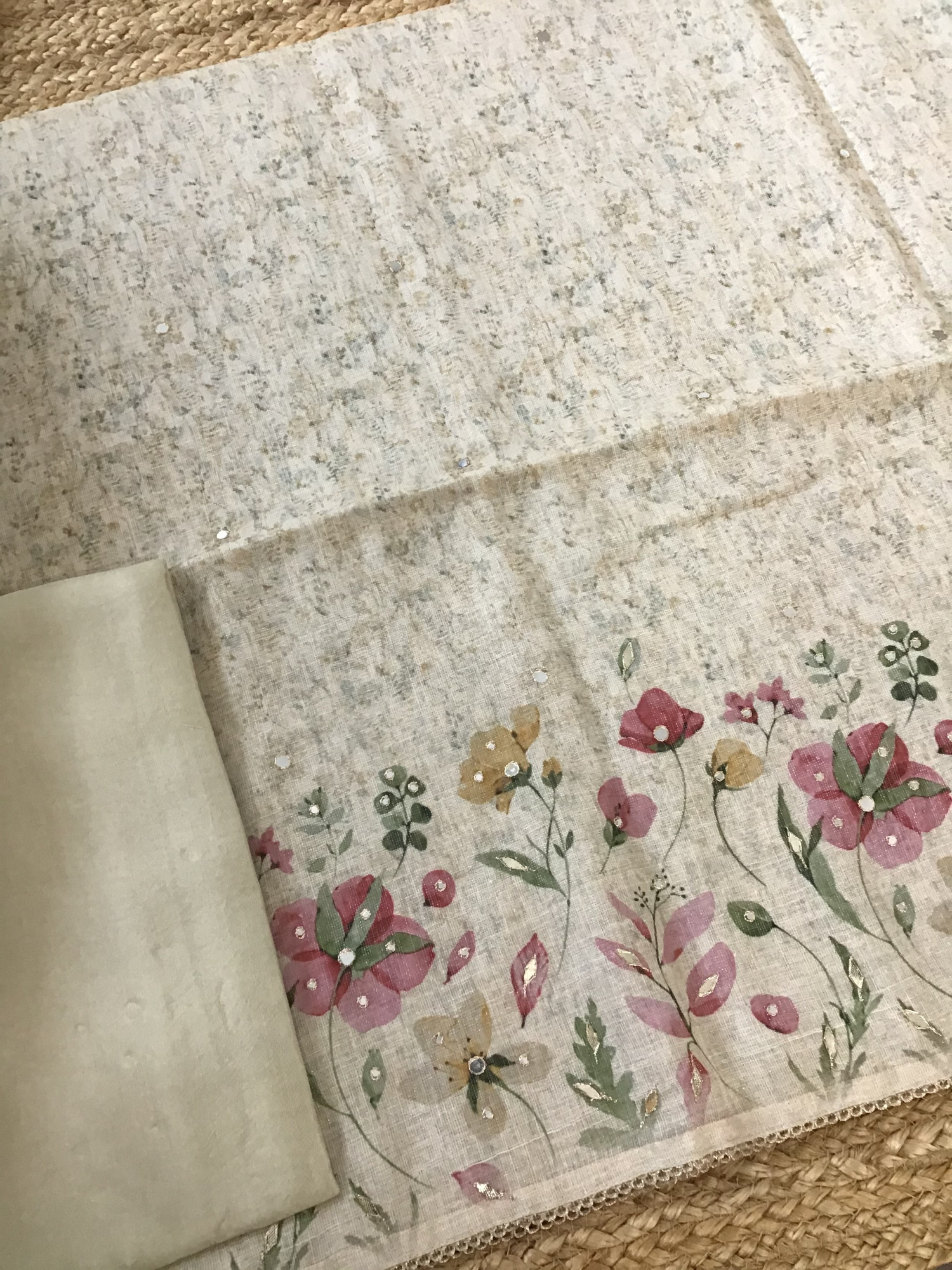 Soft Tissue Slub Cotton Printed Embroidered Suit - Cream