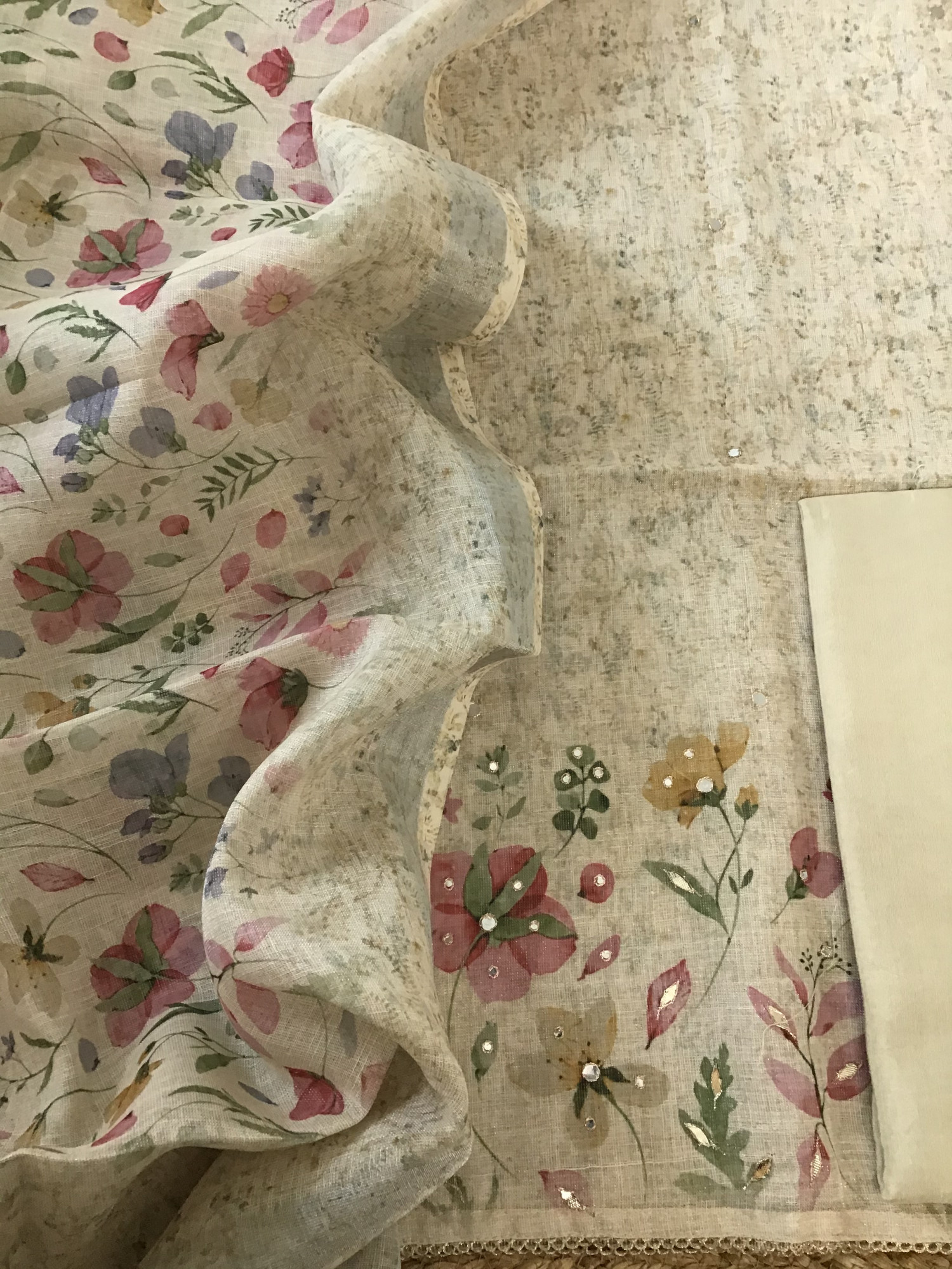 Soft Tissue Slub Cotton Printed Embroidered Suit - Cream