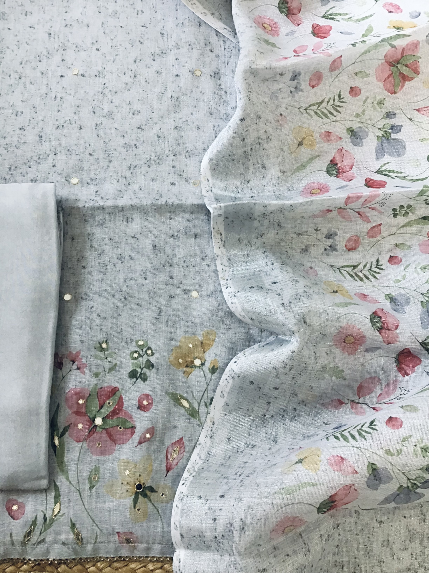 Soft Tissue Slub Cotton Printed Embroidered Suit - Grey