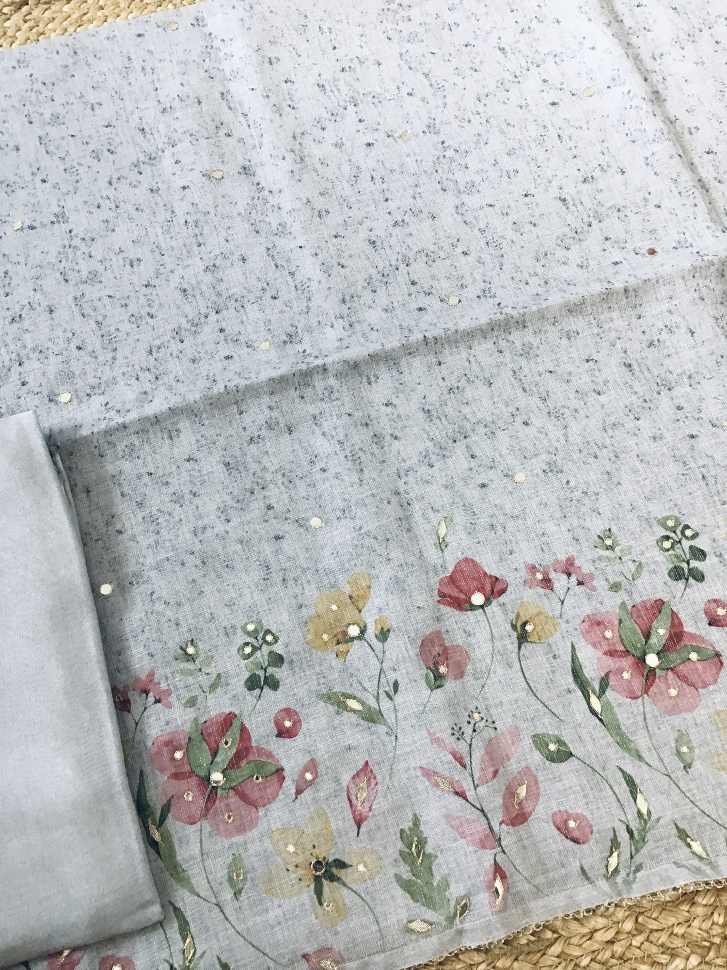 Soft Tissue Slub Cotton Printed Embroidered Suit - Grey