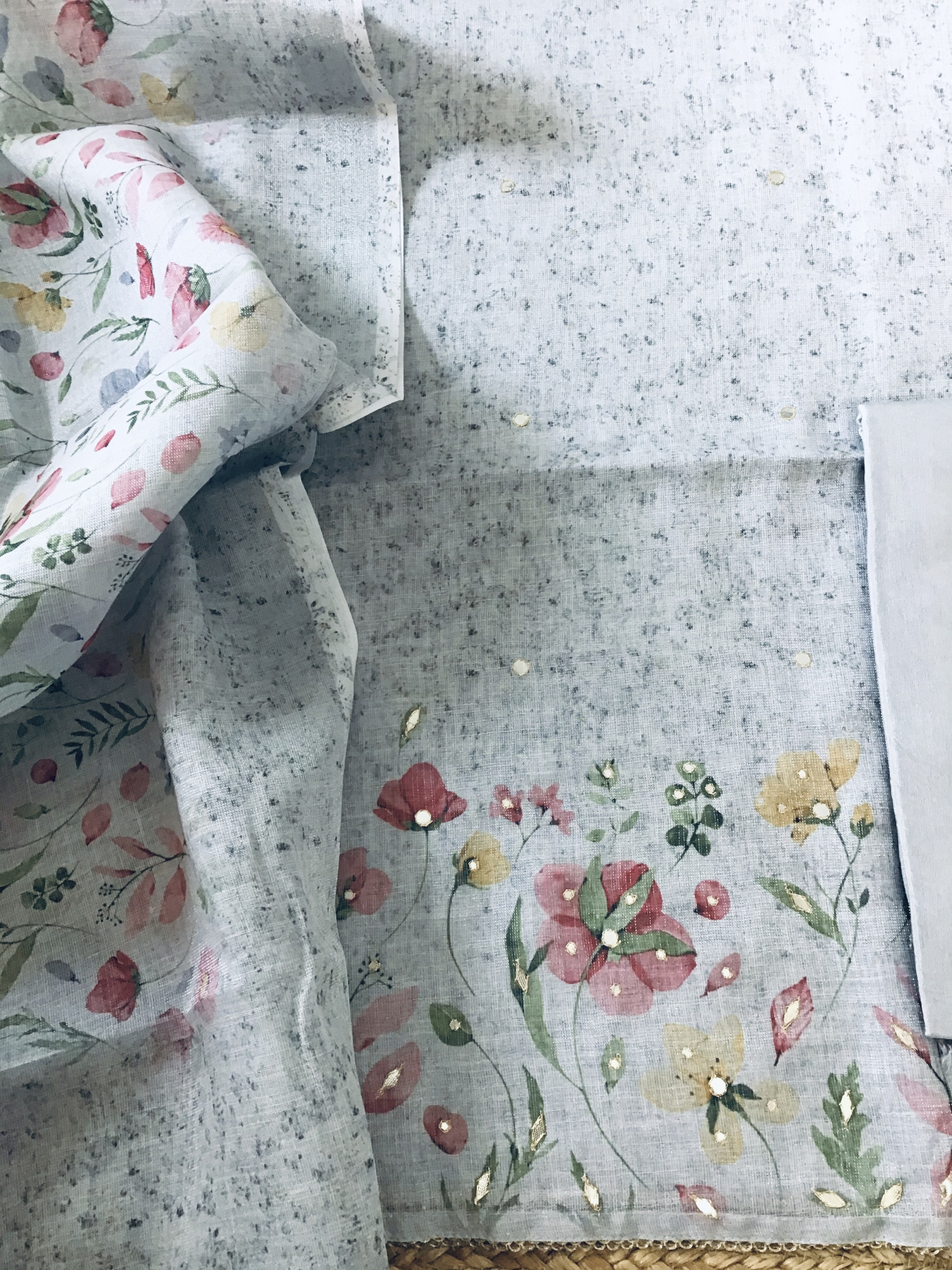 Soft Tissue Slub Cotton Printed Embroidered Suit - Grey