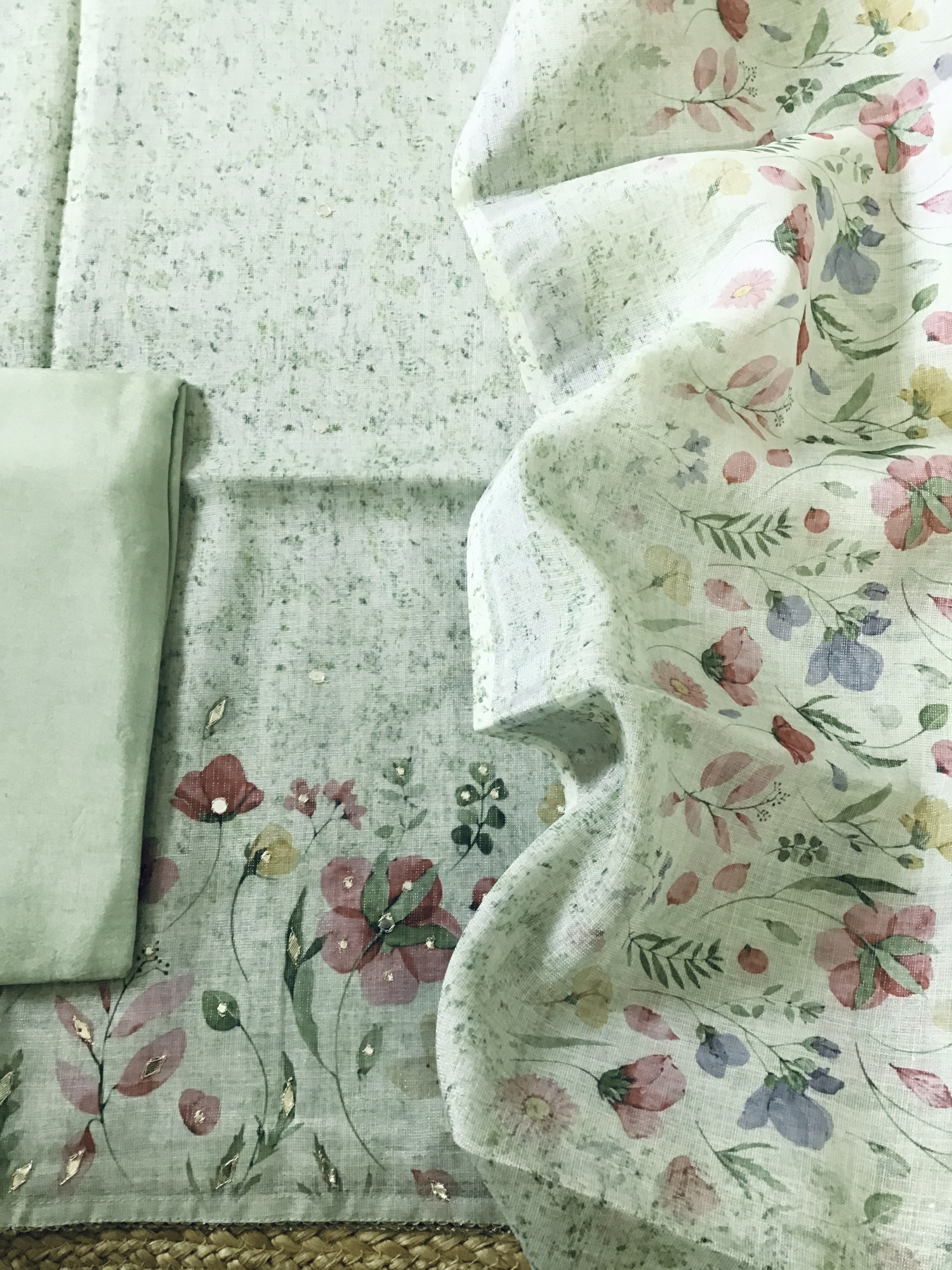 Soft Tissue Slub Cotton Printed Embroidered Suit - Green