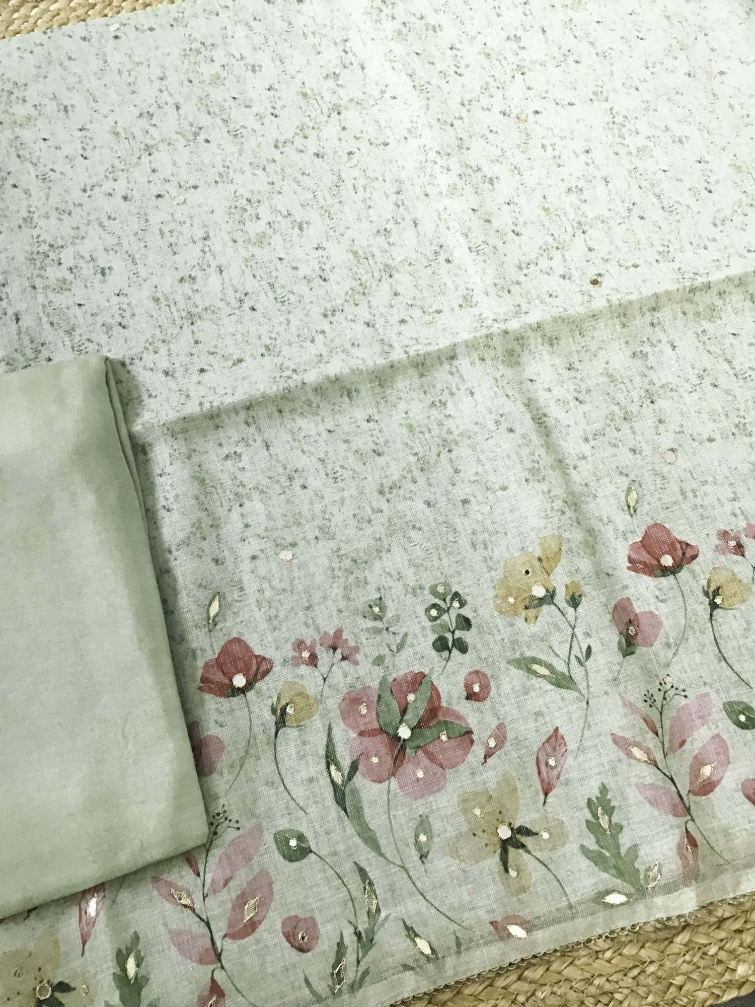 Soft Tissue Slub Cotton Printed Embroidered Suit - Green