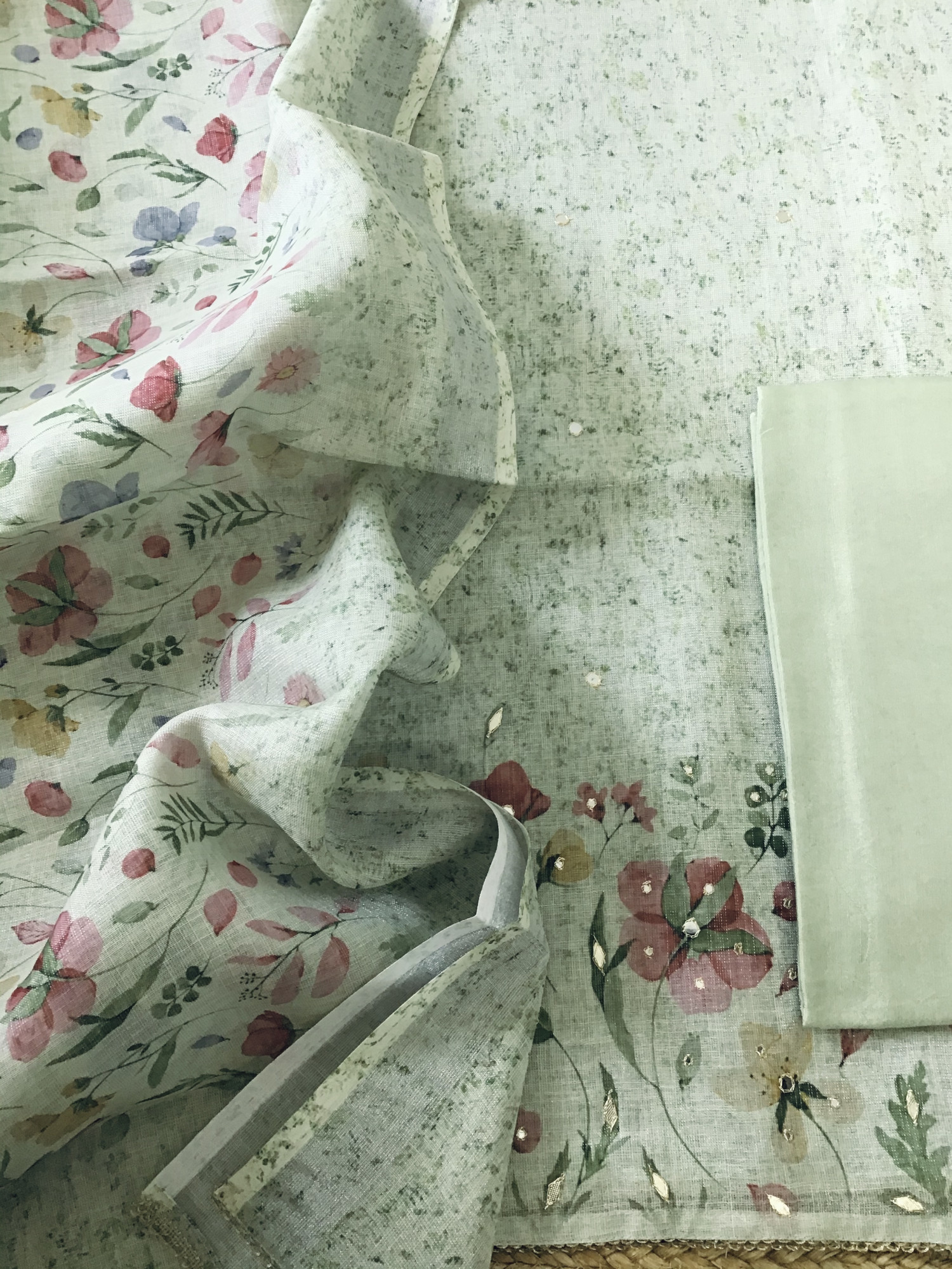 Soft Tissue Slub Cotton Printed Embroidered Suit - Green