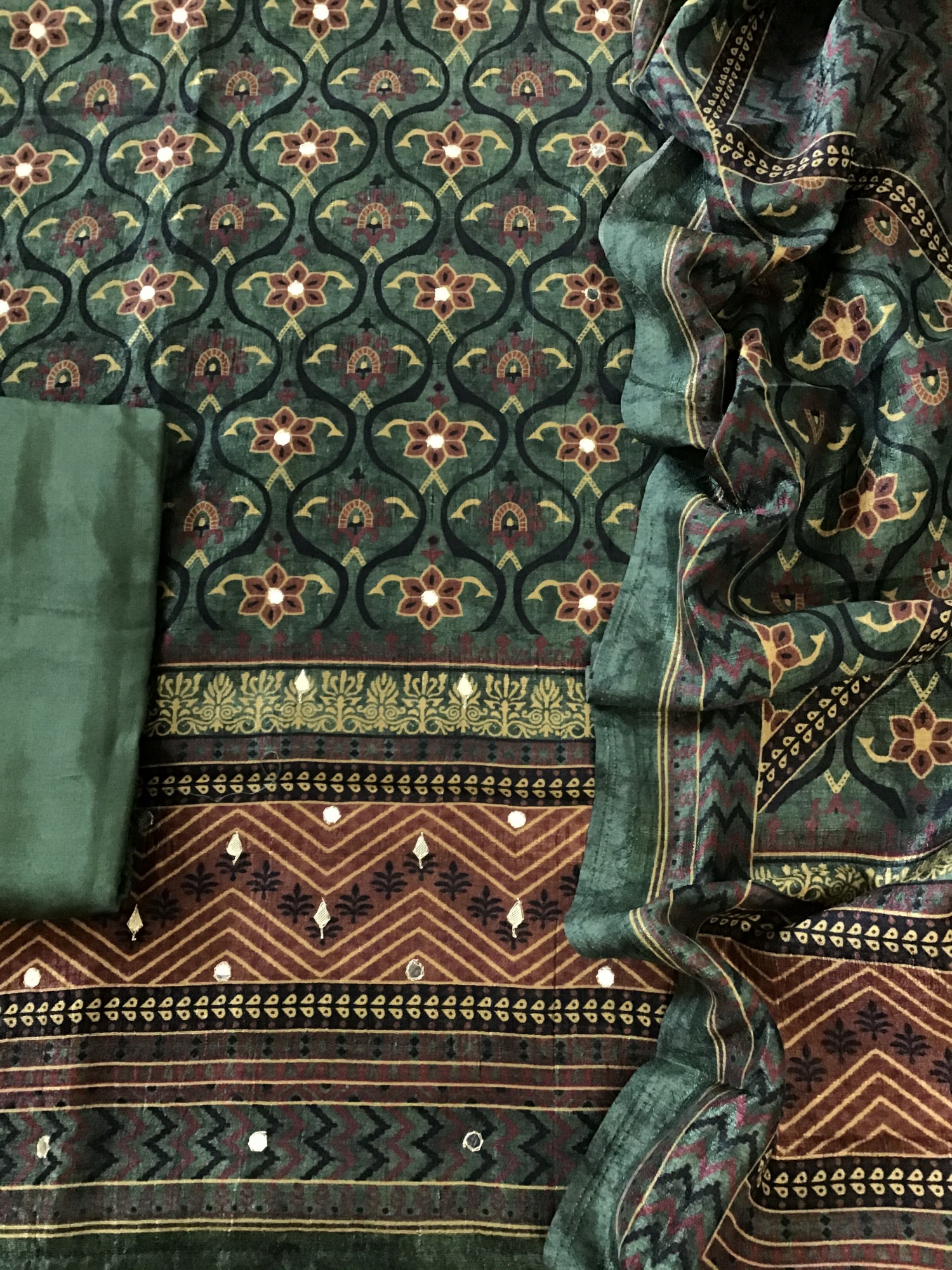 Soft Semi Tussar Silk Printed Embroidered Suit - Green