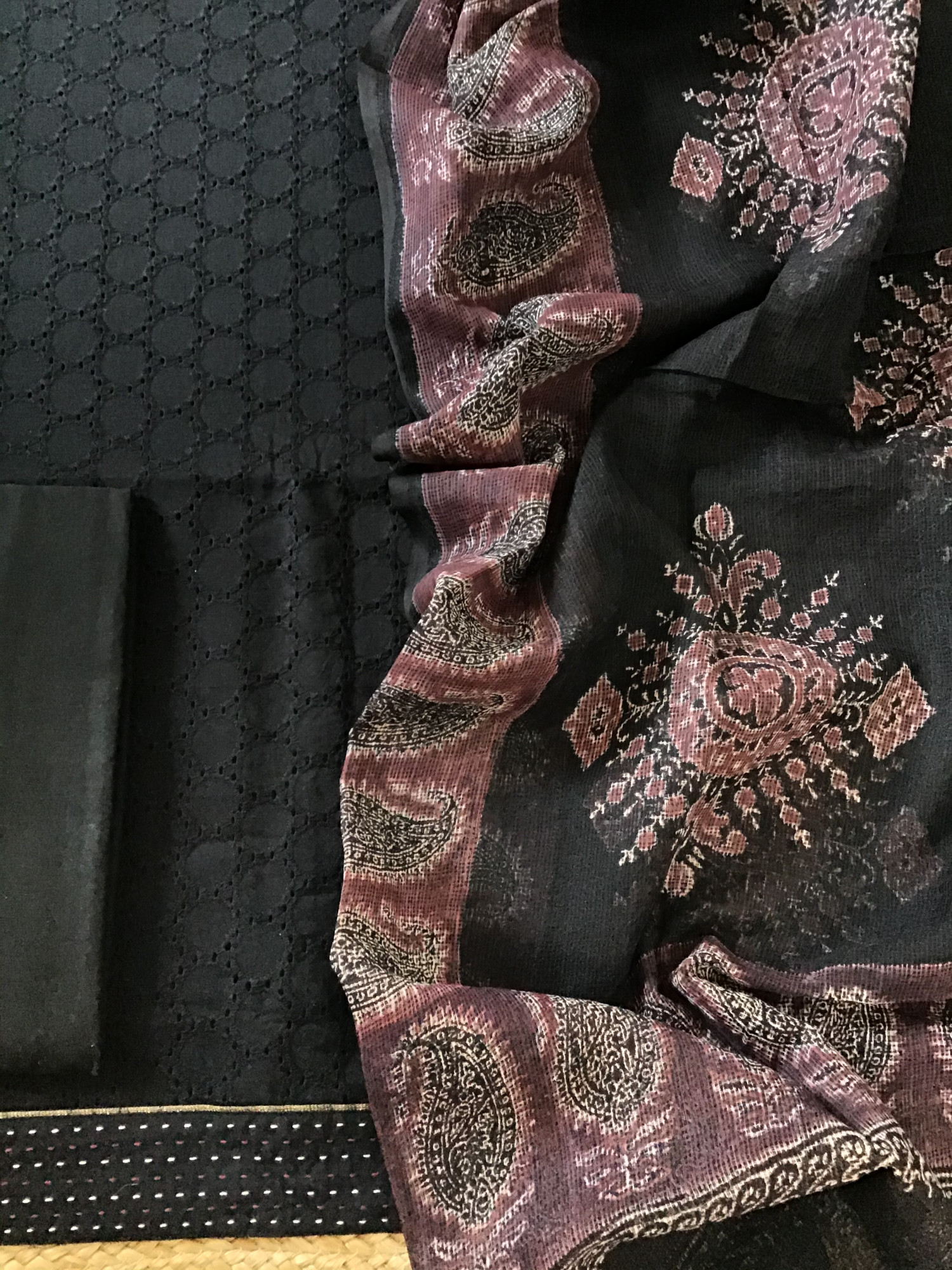 Pure Cotton Printed Embroidered Suit - Black