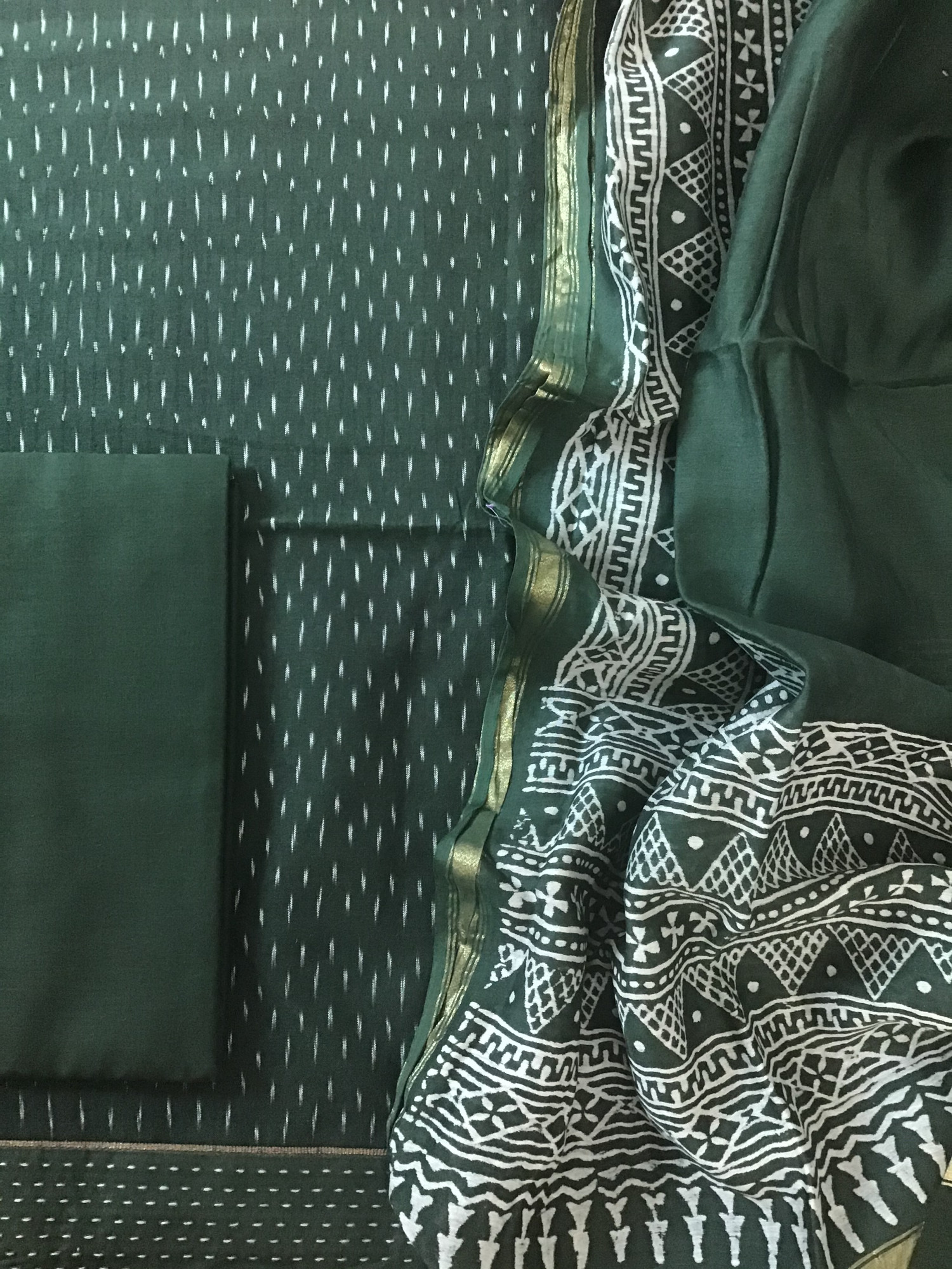 Pure Fine Ikkat Cotton Suit - Dark Green