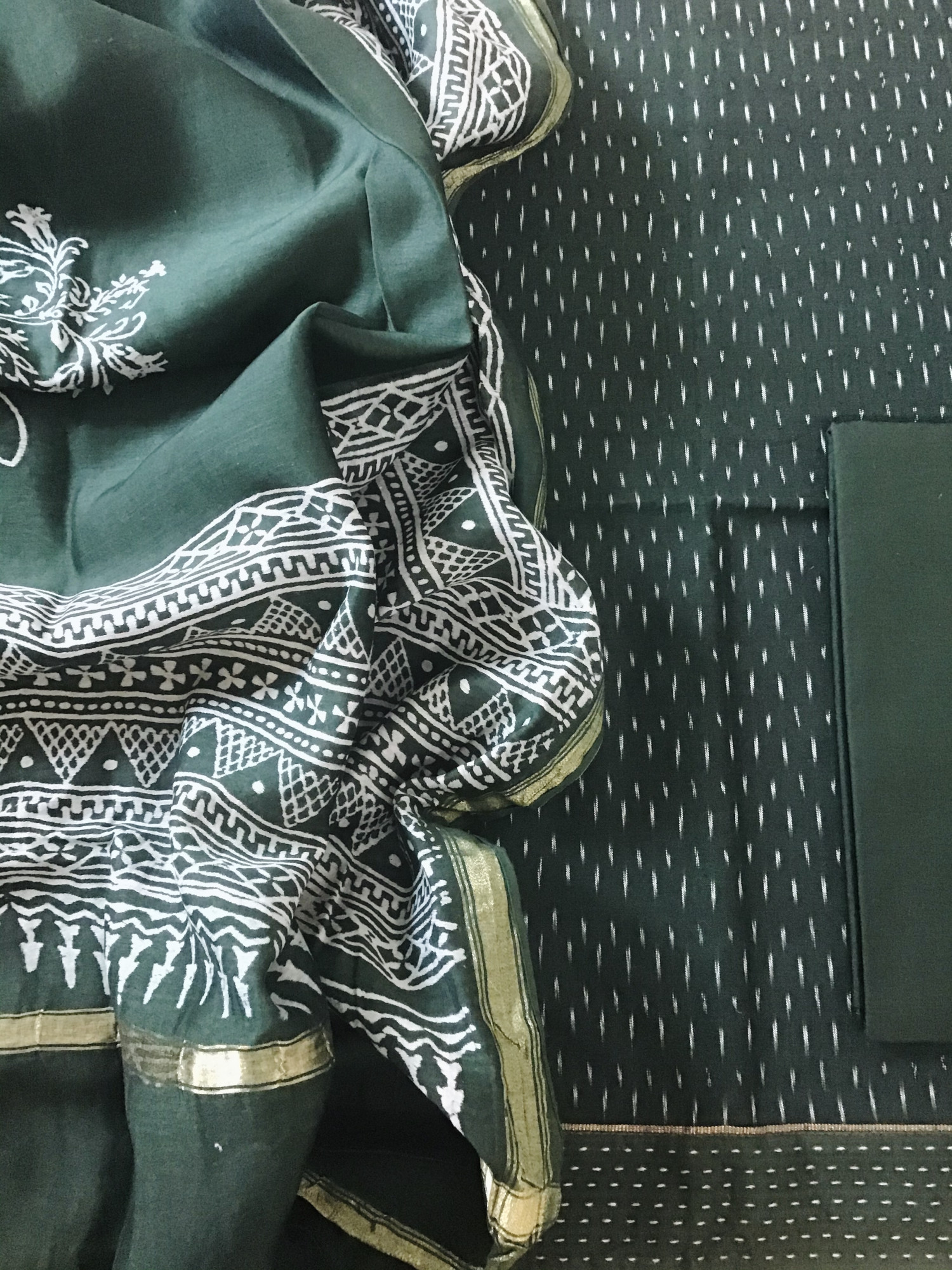 Pure Fine Ikkat Cotton Suit - Dark Green