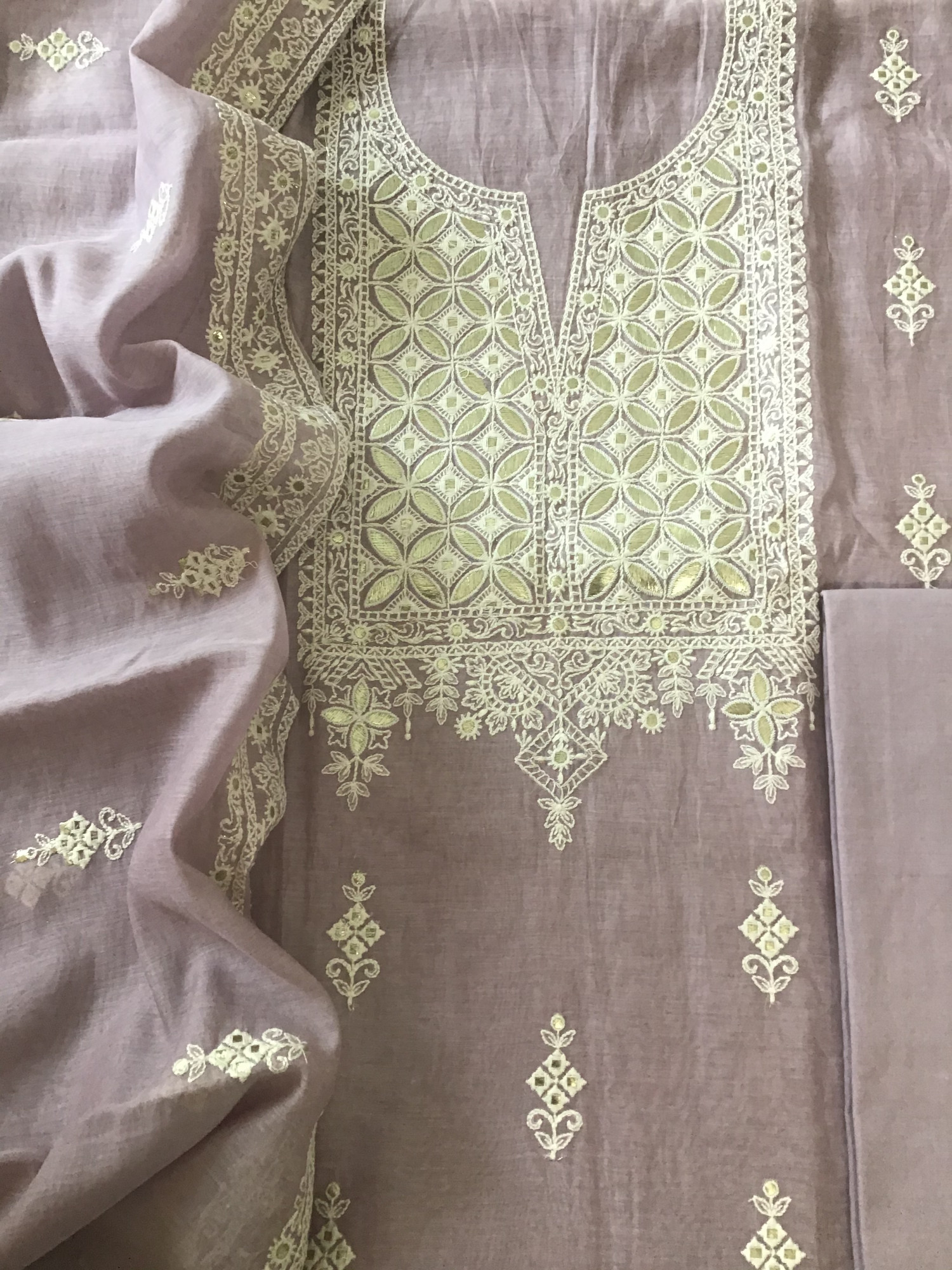 Pure Mul Chanderi Embroidered Suit - Purple