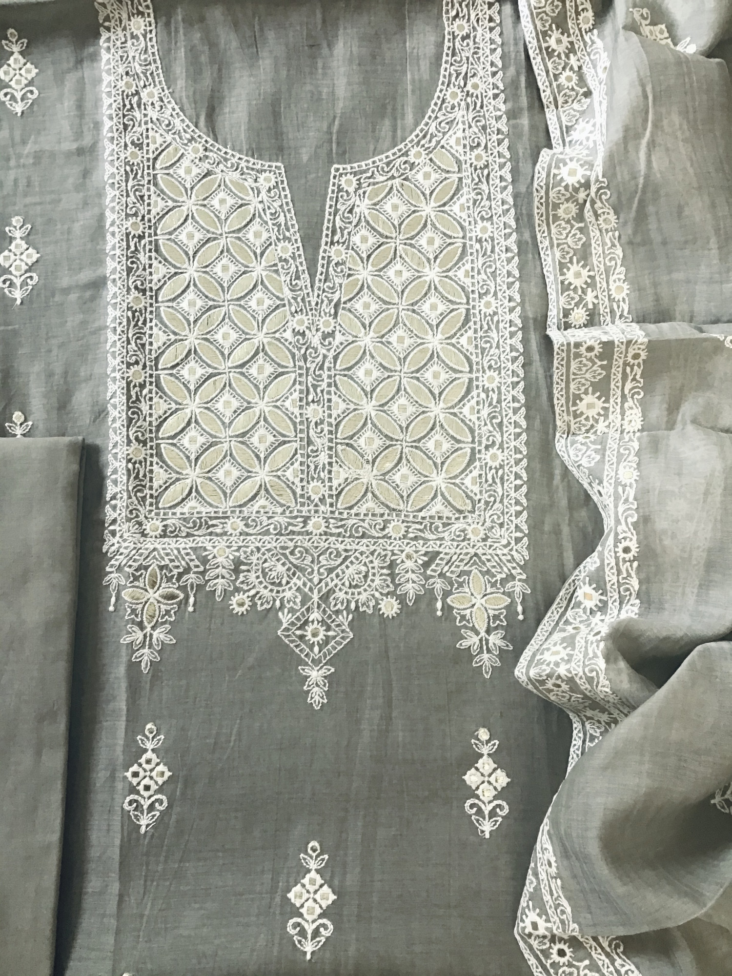 Pure Mul Chanderi Embroidered Suit - Grey