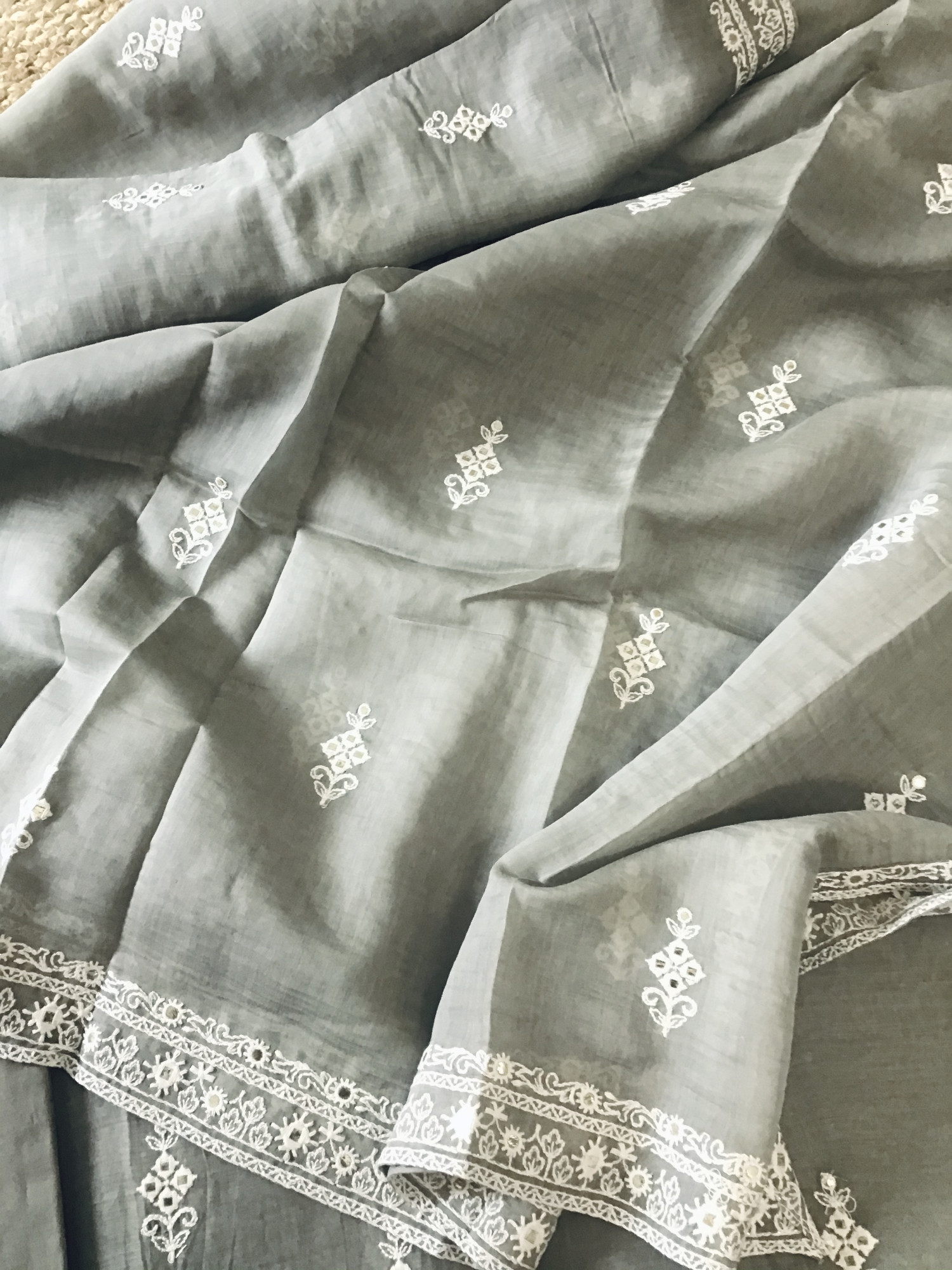 Pure Mul Chanderi Embroidered Suit - Grey