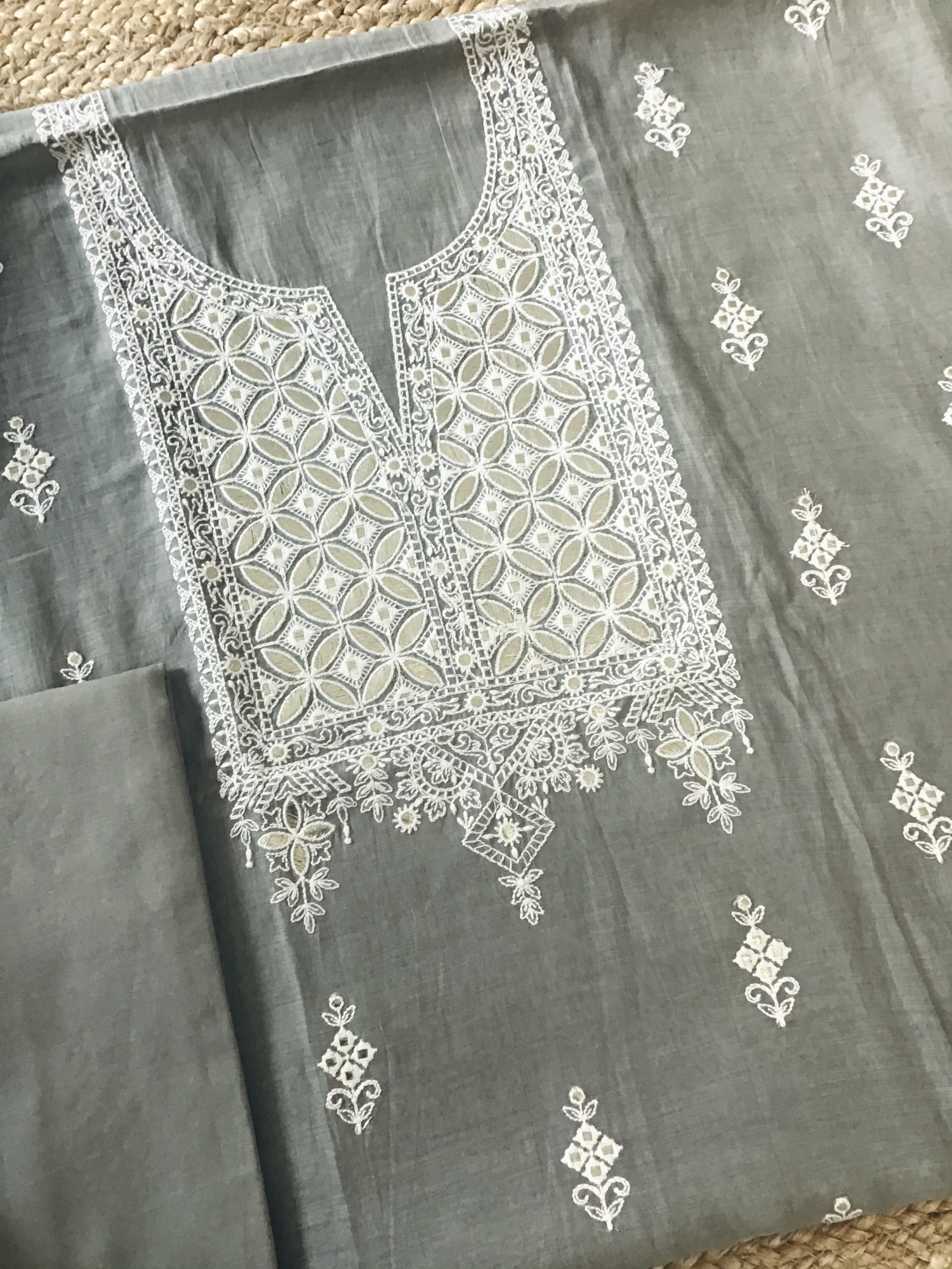 Pure Mul Chanderi Embroidered Suit - Grey