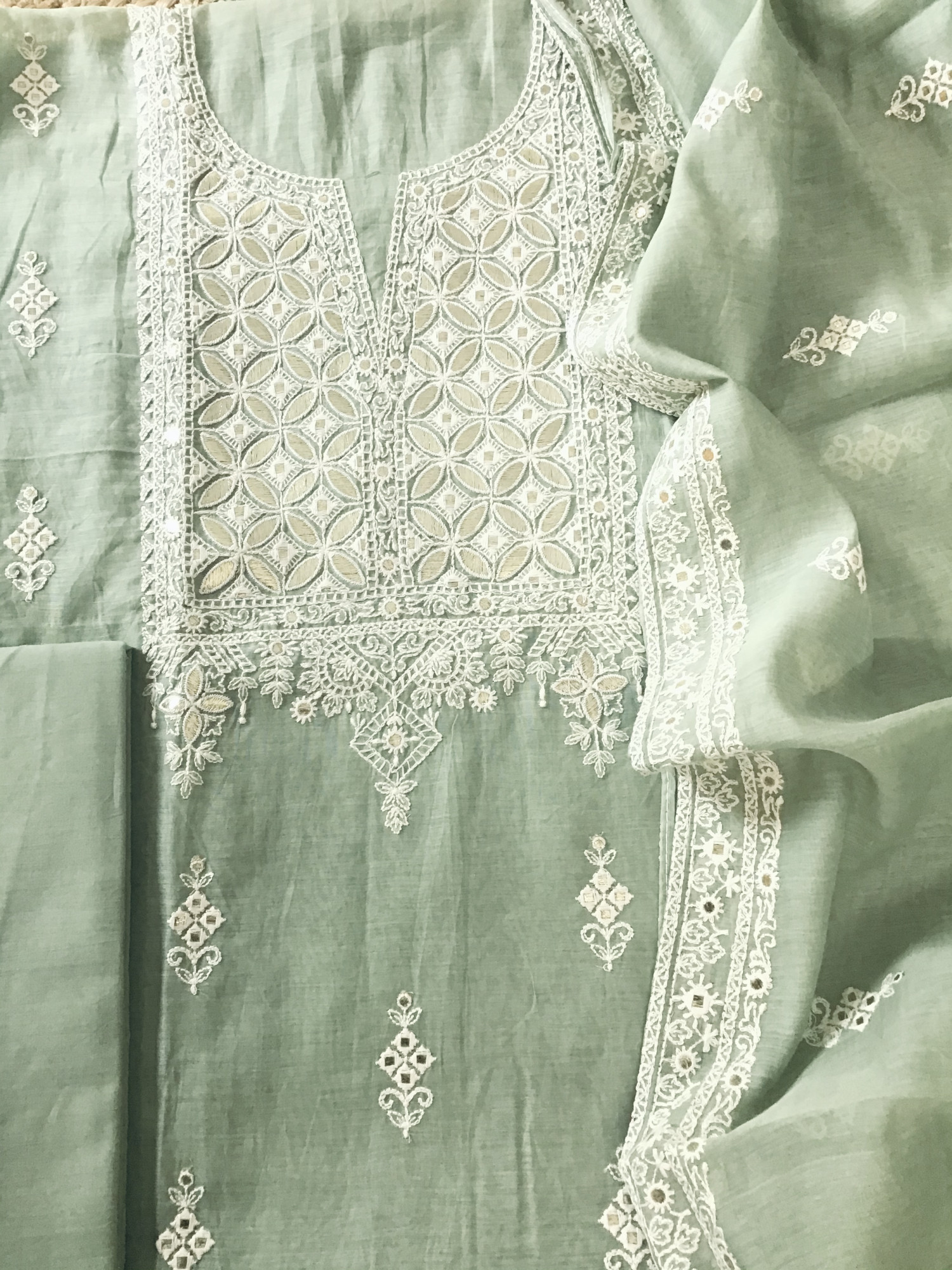 Pure Mul Chanderi Embroidered Suit - Green