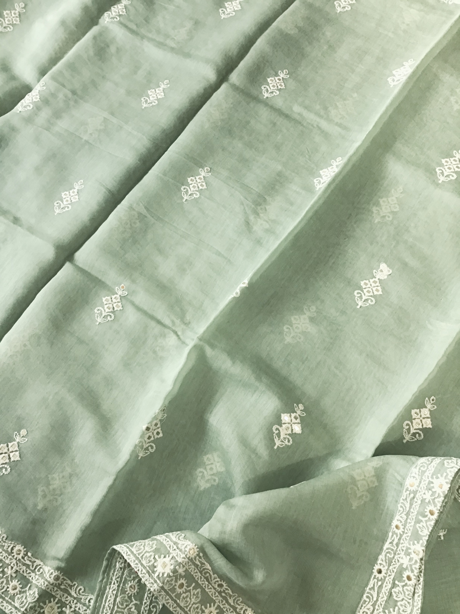 Pure Mul Chanderi Embroidered Suit - Green