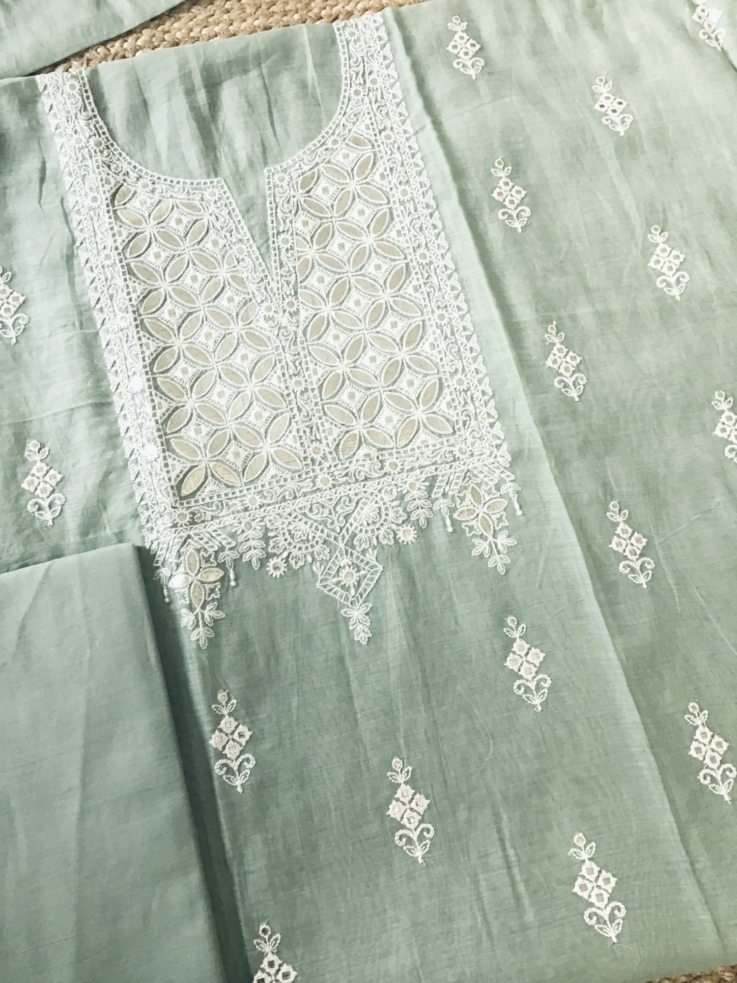 Pure Mul Chanderi Embroidered Suit - Green