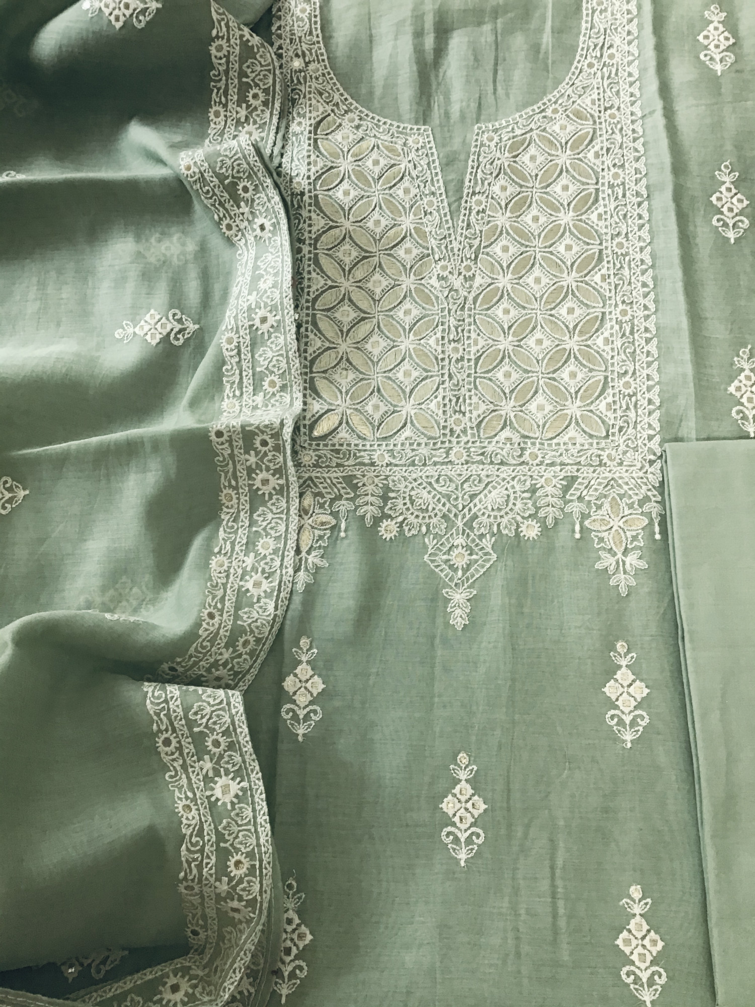 Pure Mul Chanderi Embroidered Suit - Green
