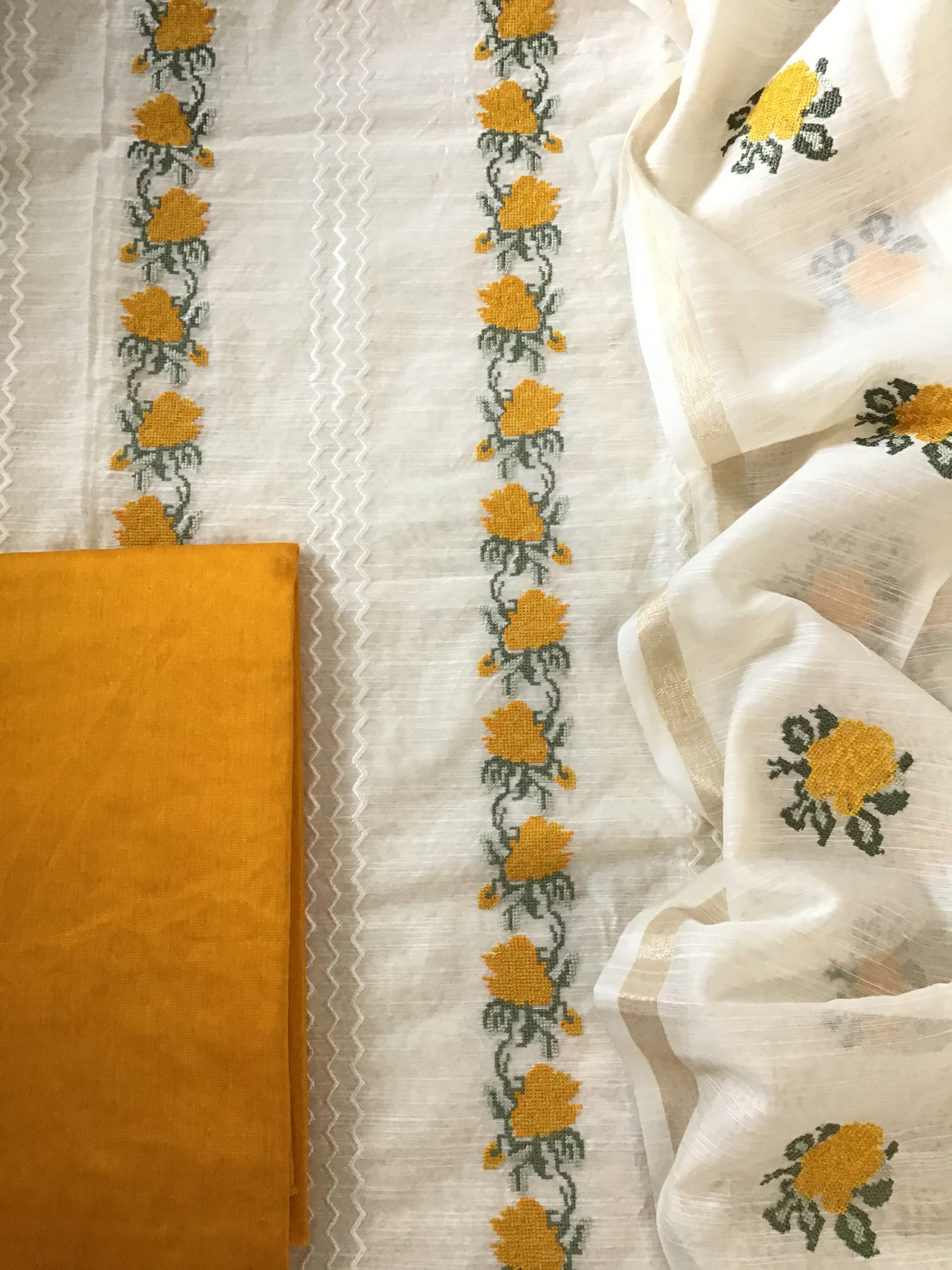 Soft Slub Silk Embroidered Suit - WhiteYellow