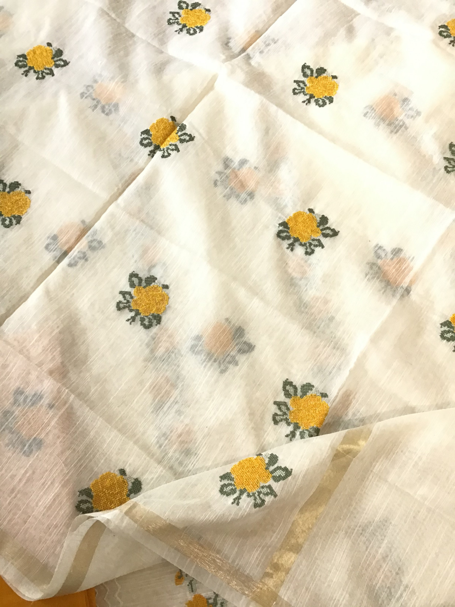 Soft Slub Silk Embroidered Suit - WhiteYellow