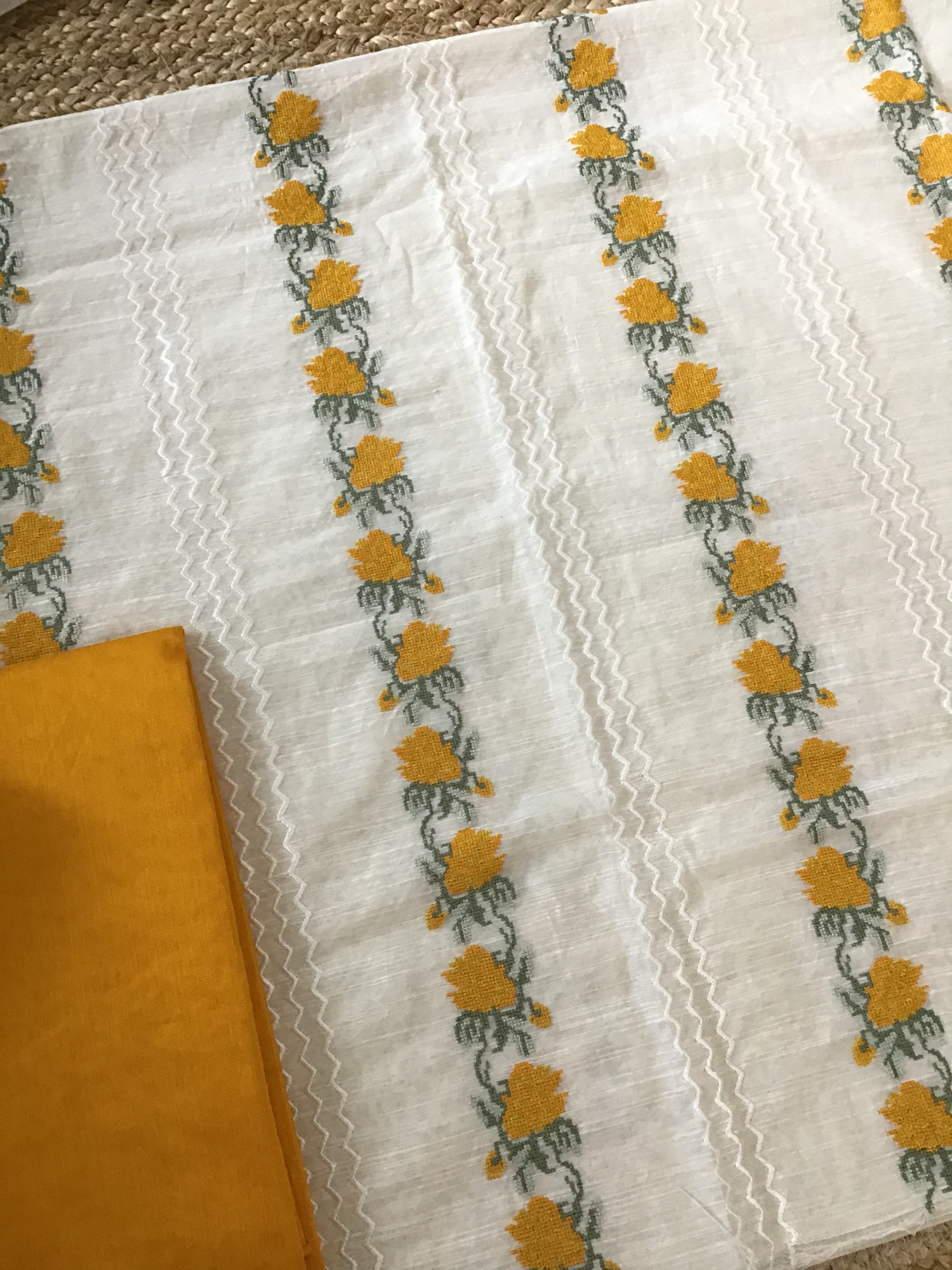 Soft Slub Silk Embroidered Suit - WhiteYellow