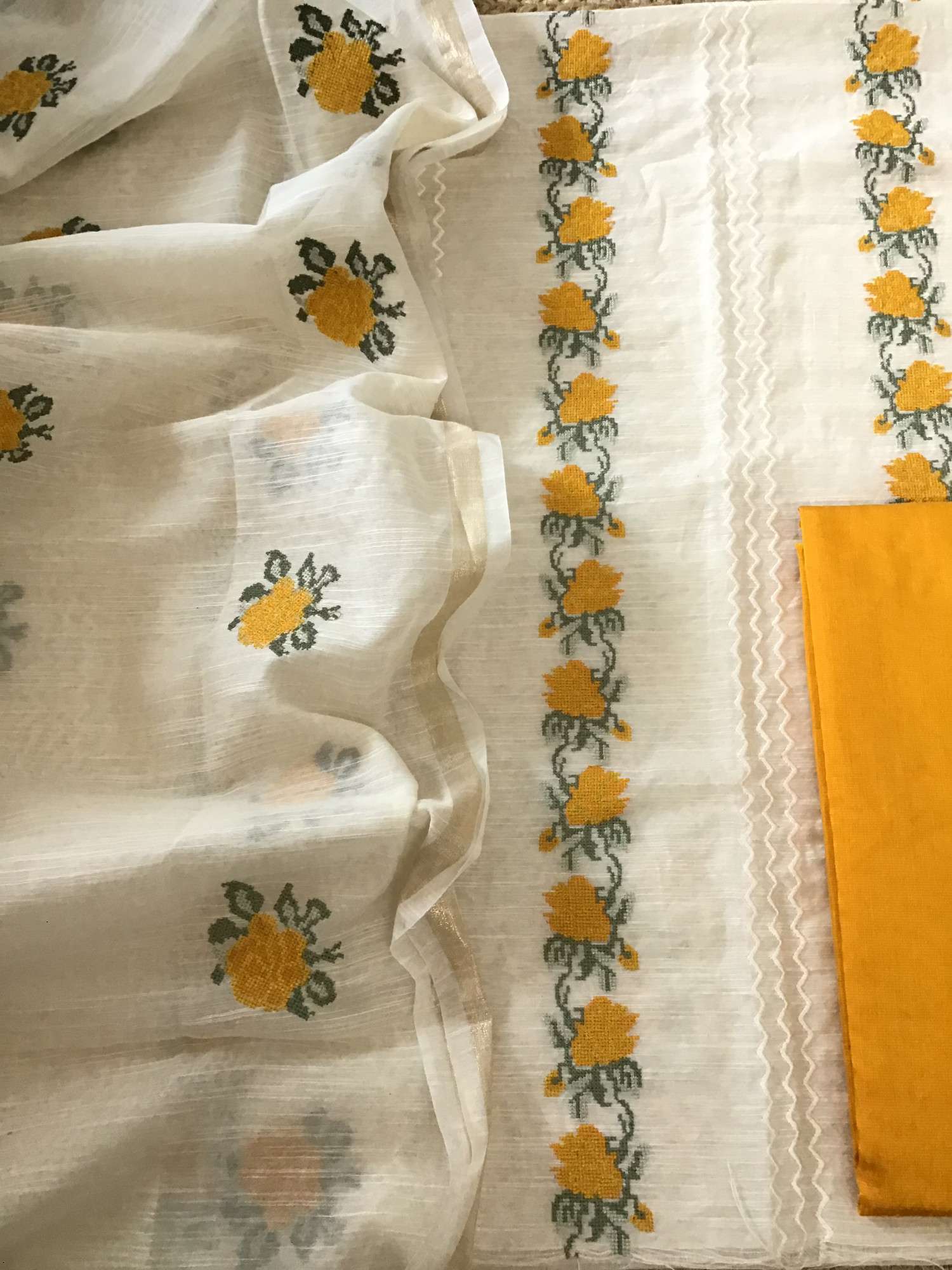 Soft Slub Silk Embroidered Suit - WhiteYellow