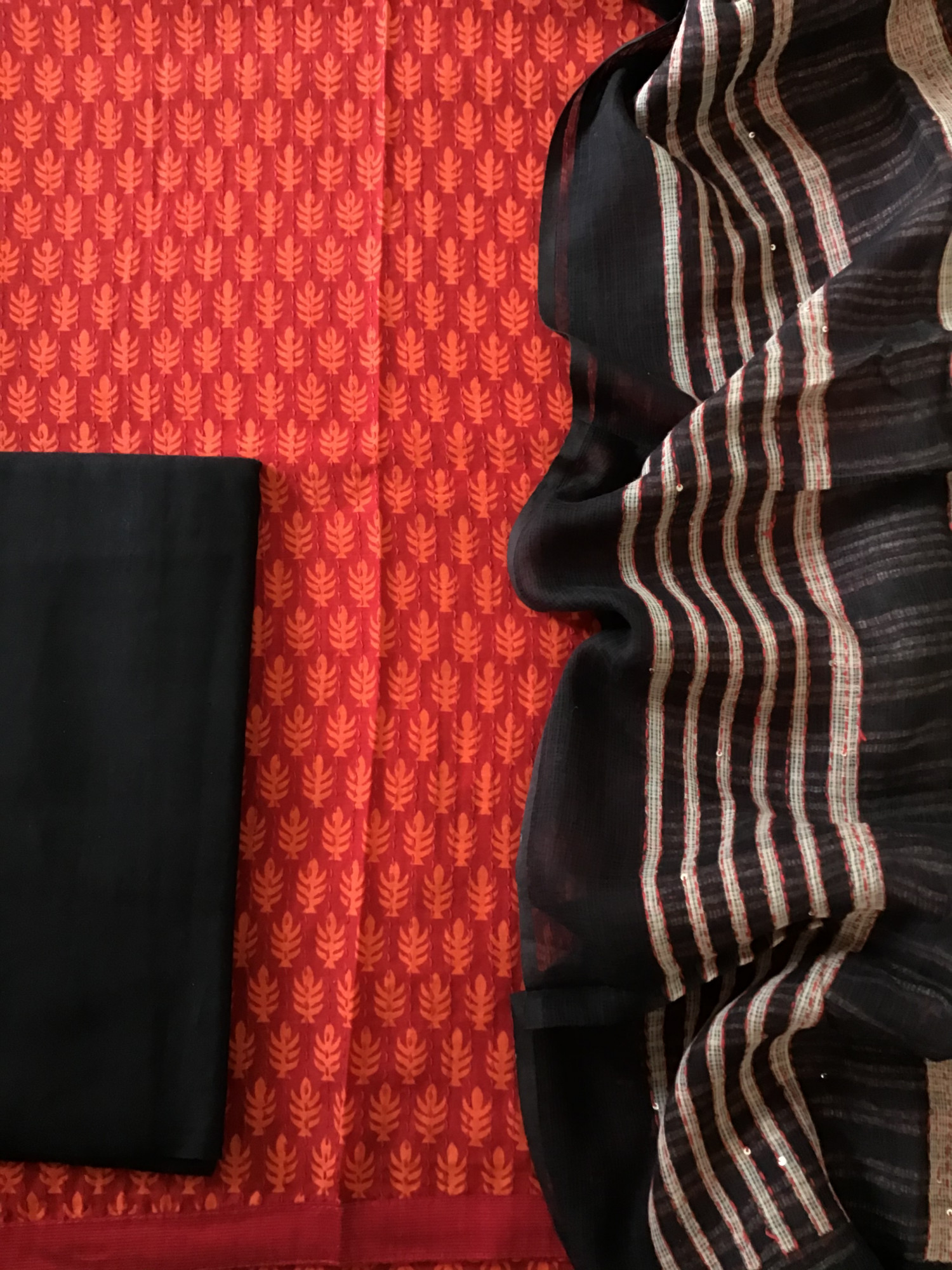 Pure Fine Muslin Printed Embroidered Suit - Orange