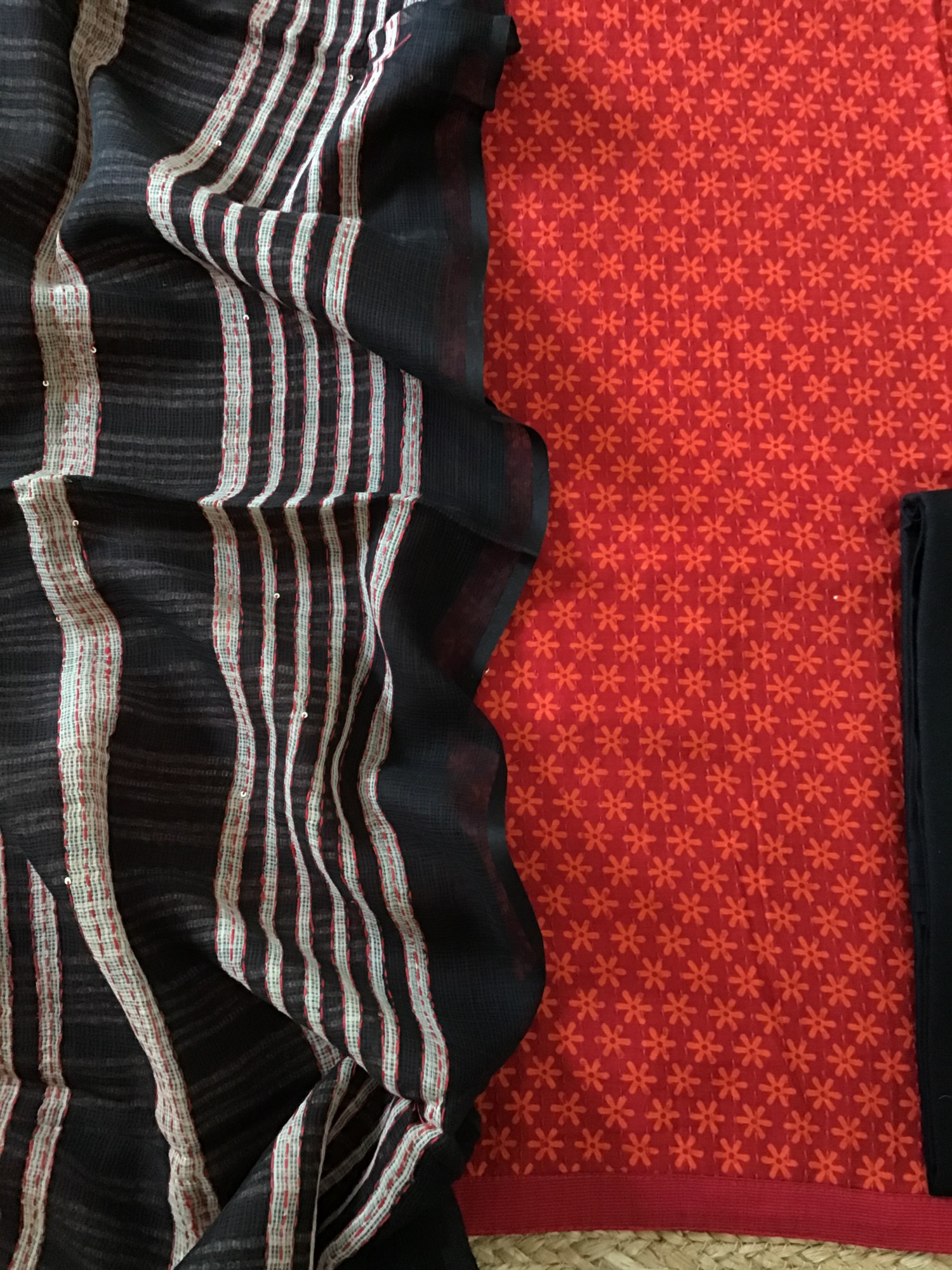 Pure Fine Muslin Printed Embroidered Suit - Orange