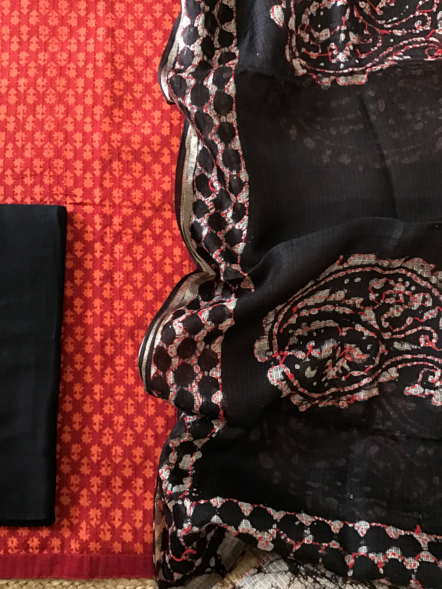 Pure Fine Muslin Printed Embroidered Suit - Orange