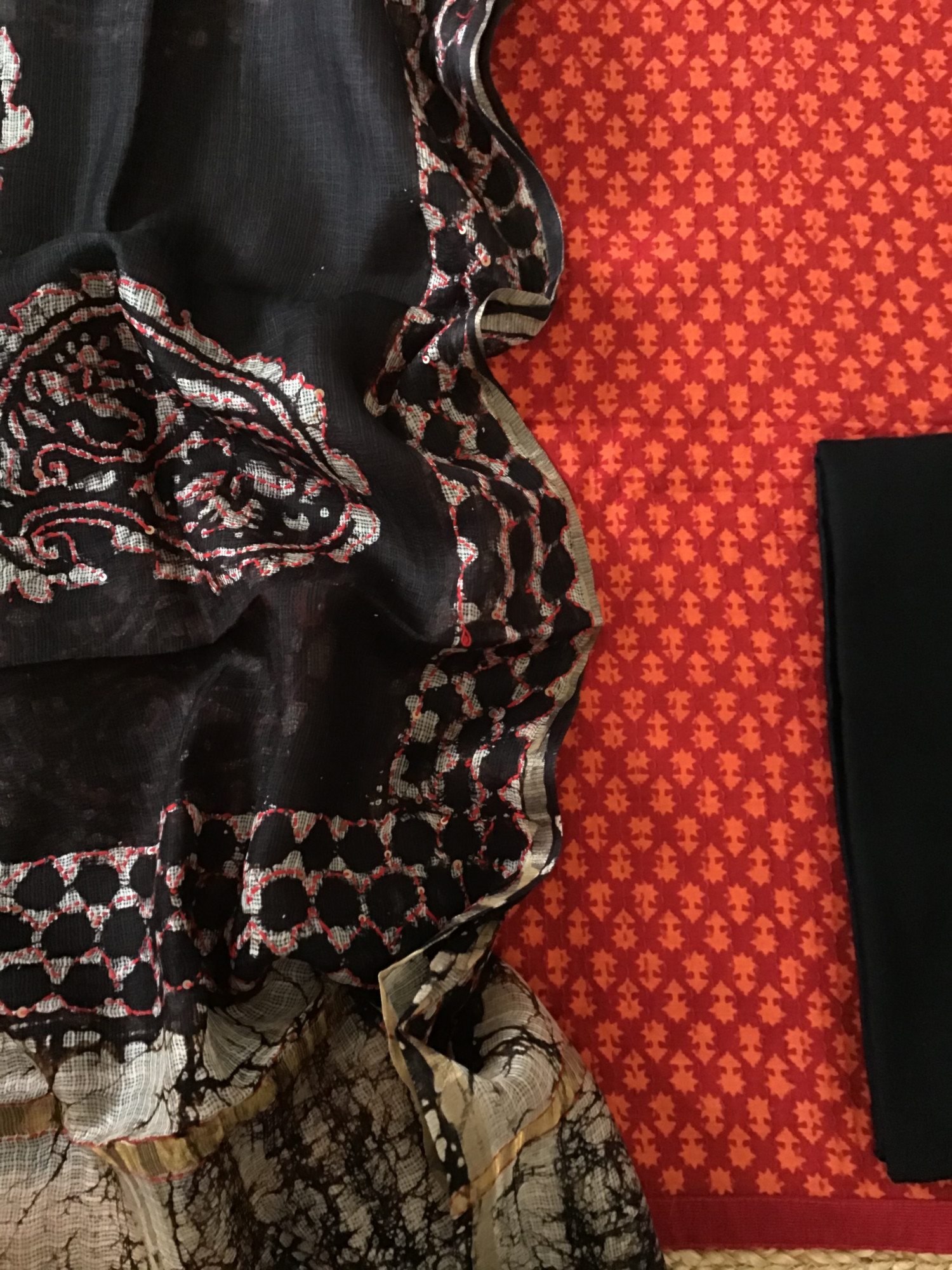 Pure Fine Muslin Printed Embroidered Suit - Orange