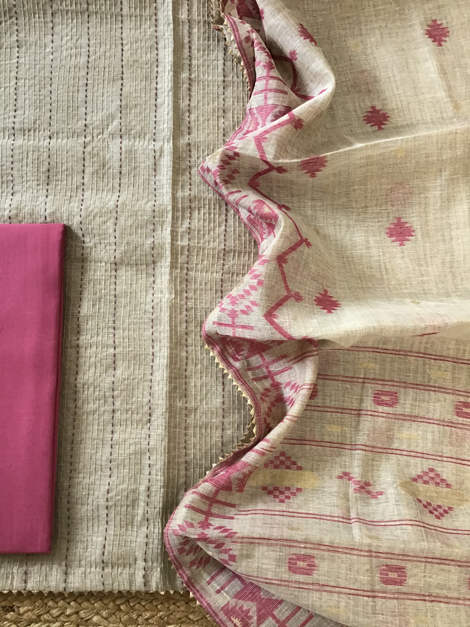 Soft Slub Chanderi Embroidered Suit - BeigePink