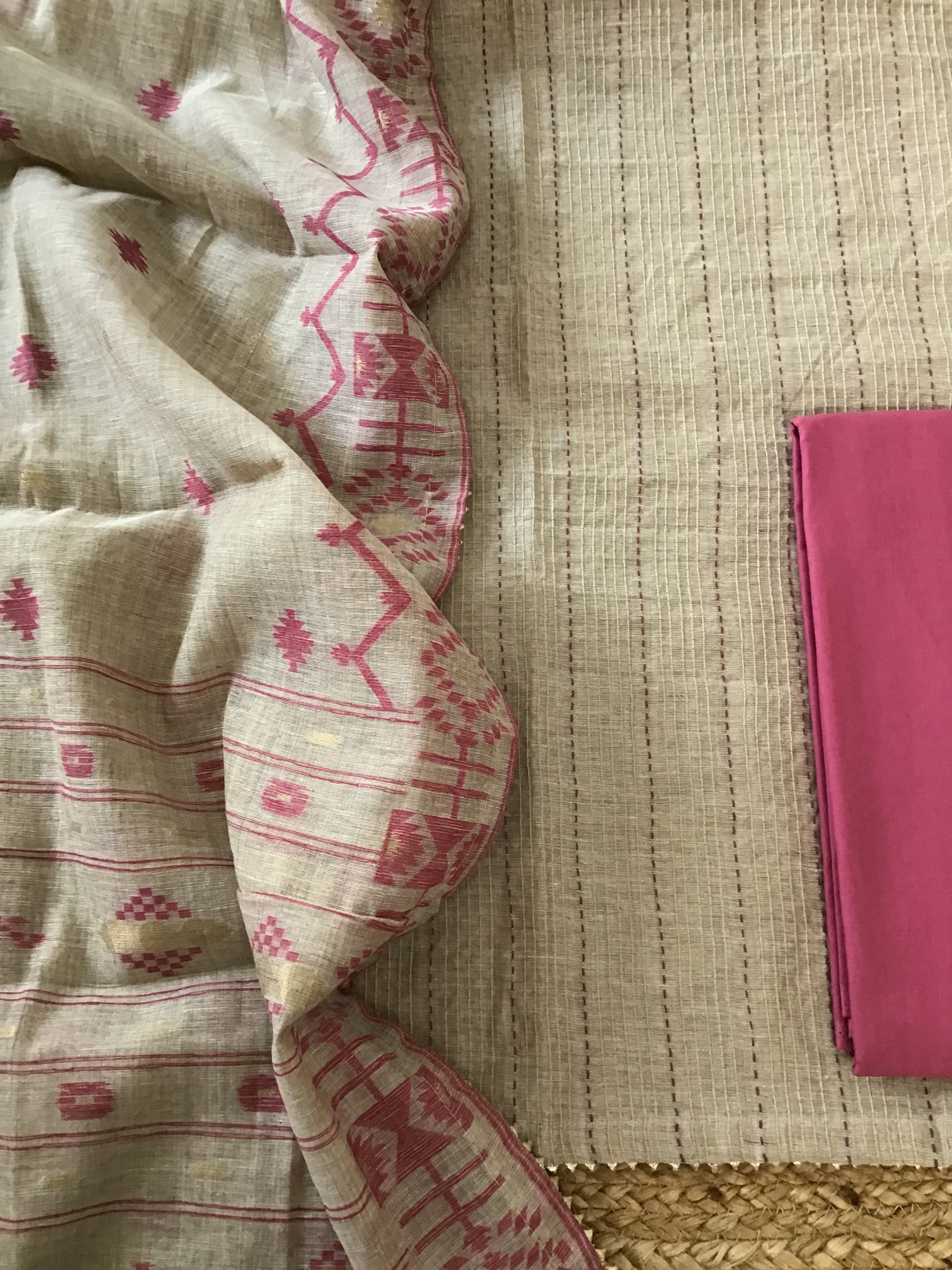 Soft Slub Chanderi Embroidered Suit - BeigePink