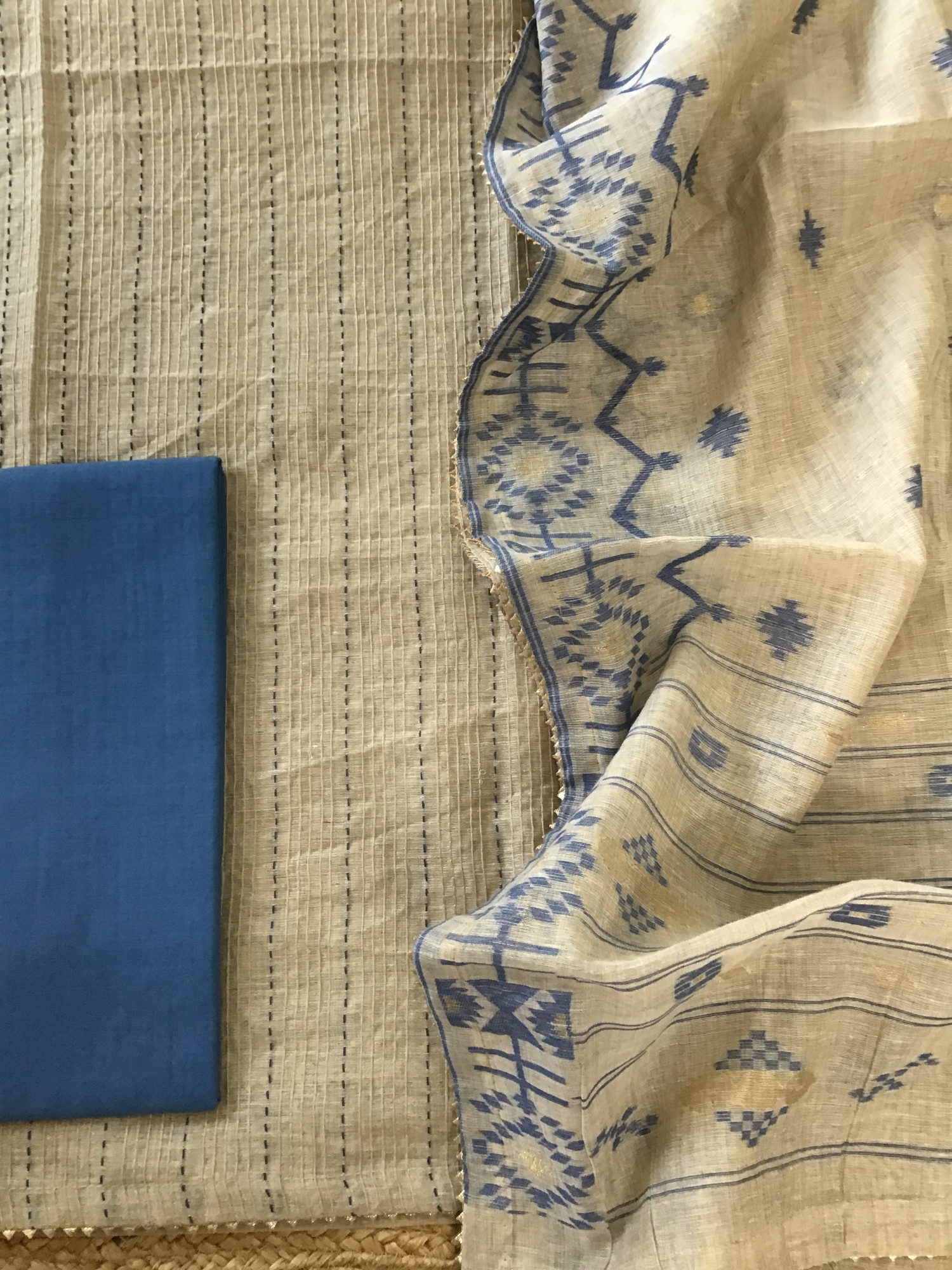Soft Slub Chanderi Embroidered Suit - BeigeBlue