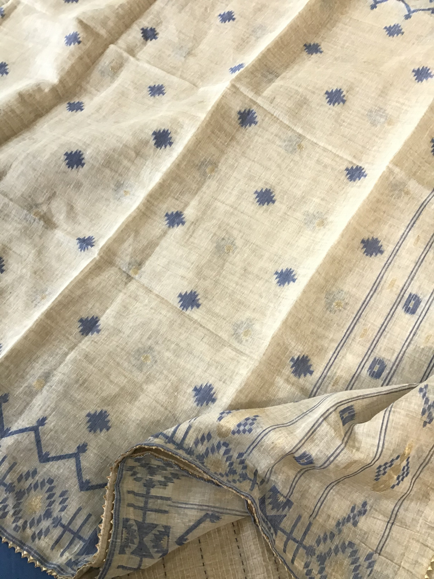 Soft Slub Chanderi Embroidered Suit - BeigeBlue