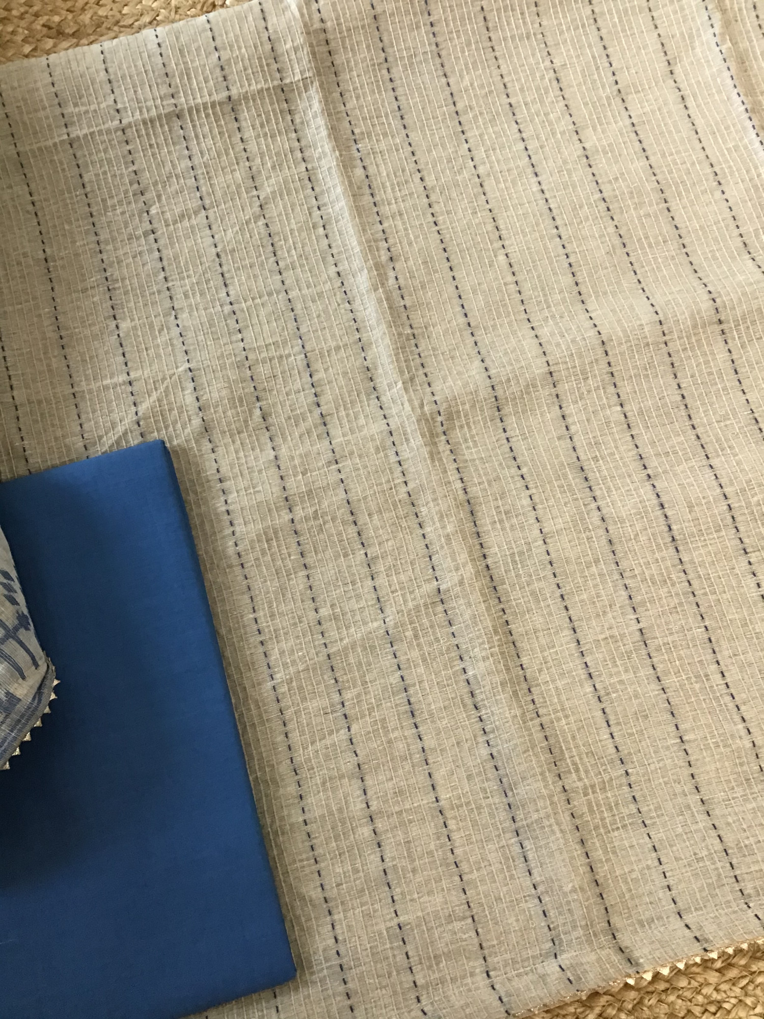 Soft Slub Chanderi Embroidered Suit - BeigeBlue