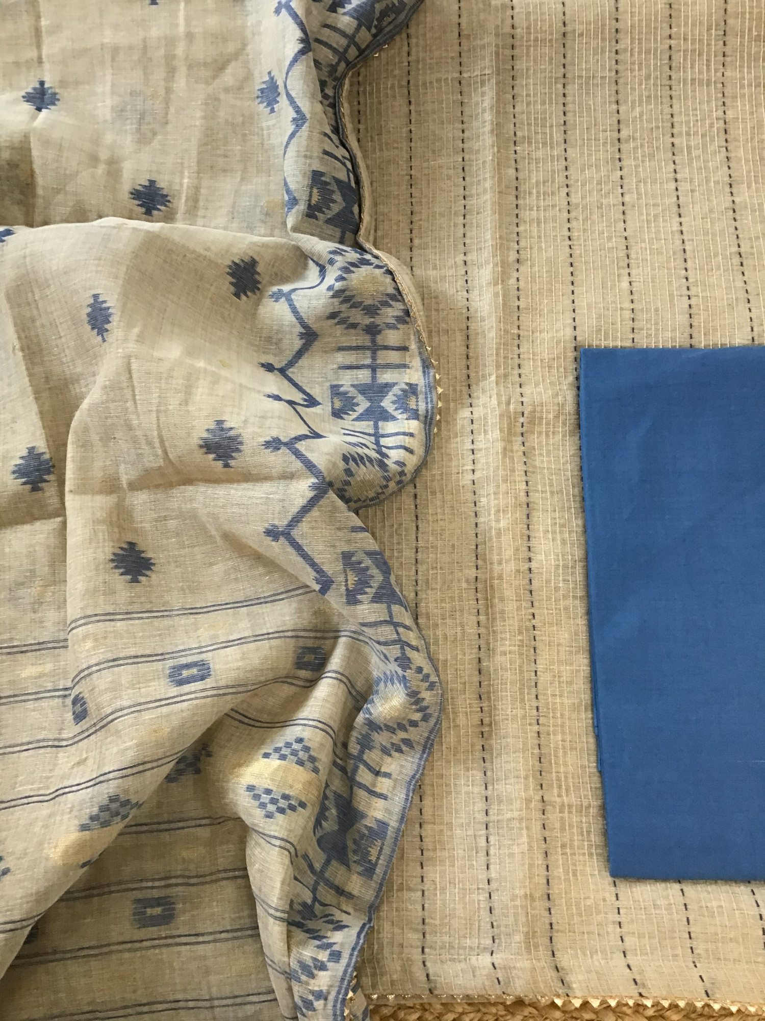 Soft Slub Chanderi Embroidered Suit - BeigeBlue