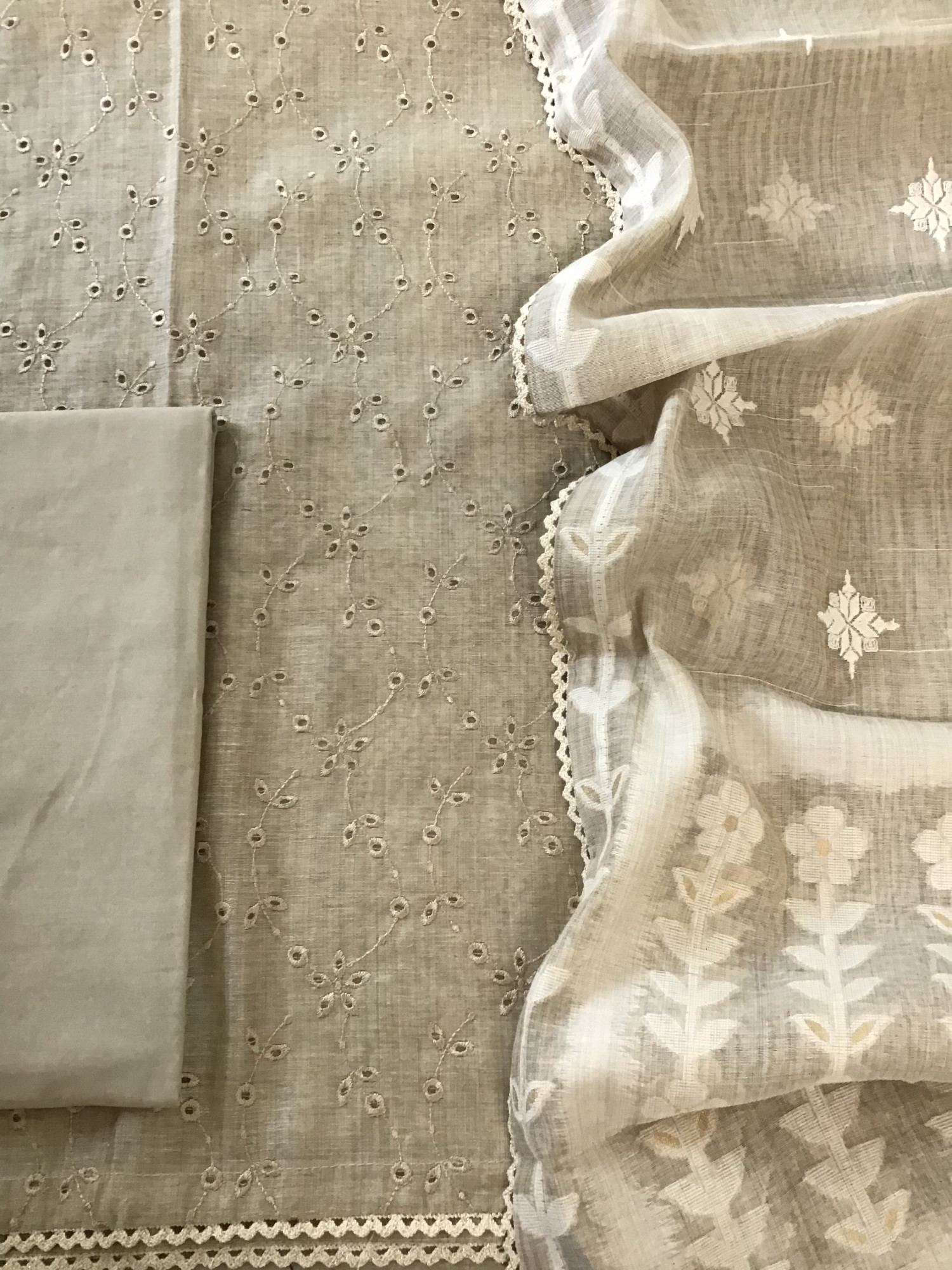 Soft Slub Chanderi Embroidered Suit - Beige