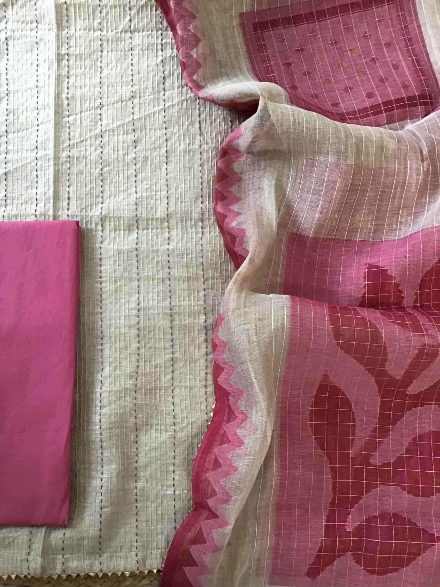 Soft Slub Chanderi Embroidered Suit - BeigePink