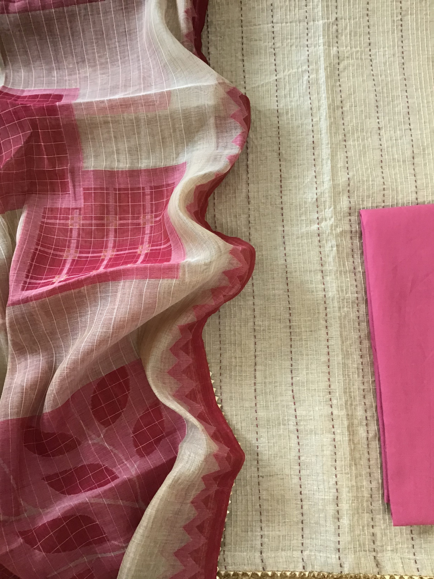 Soft Slub Chanderi Embroidered Suit - BeigePink