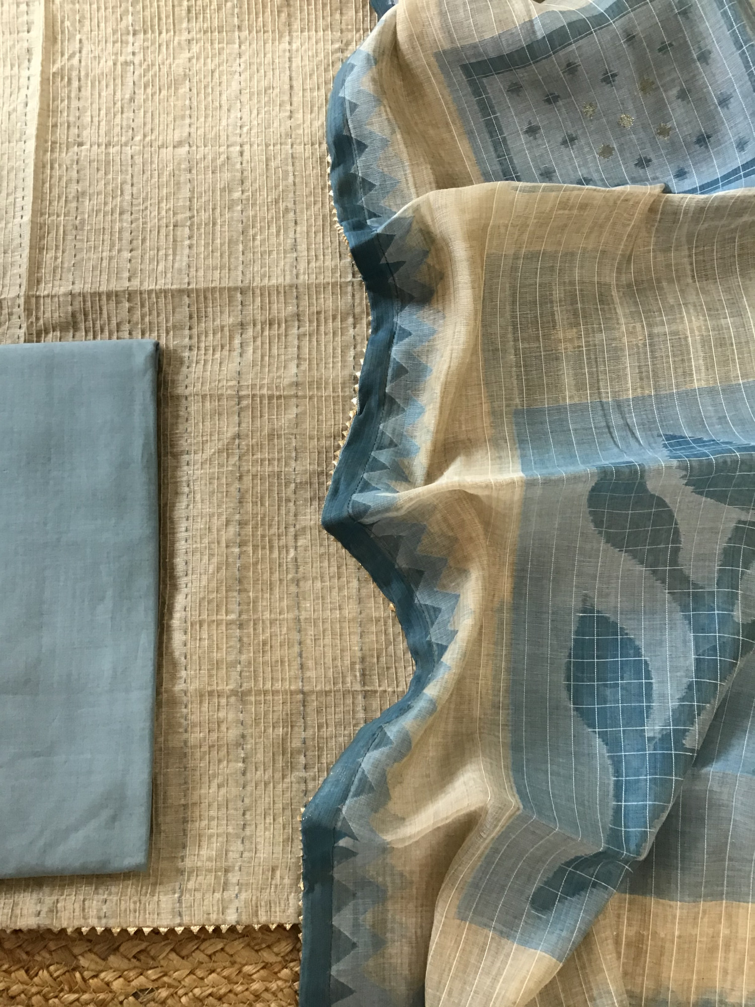 Soft Slub Chanderi Embroidered Suit - BeigeGrey