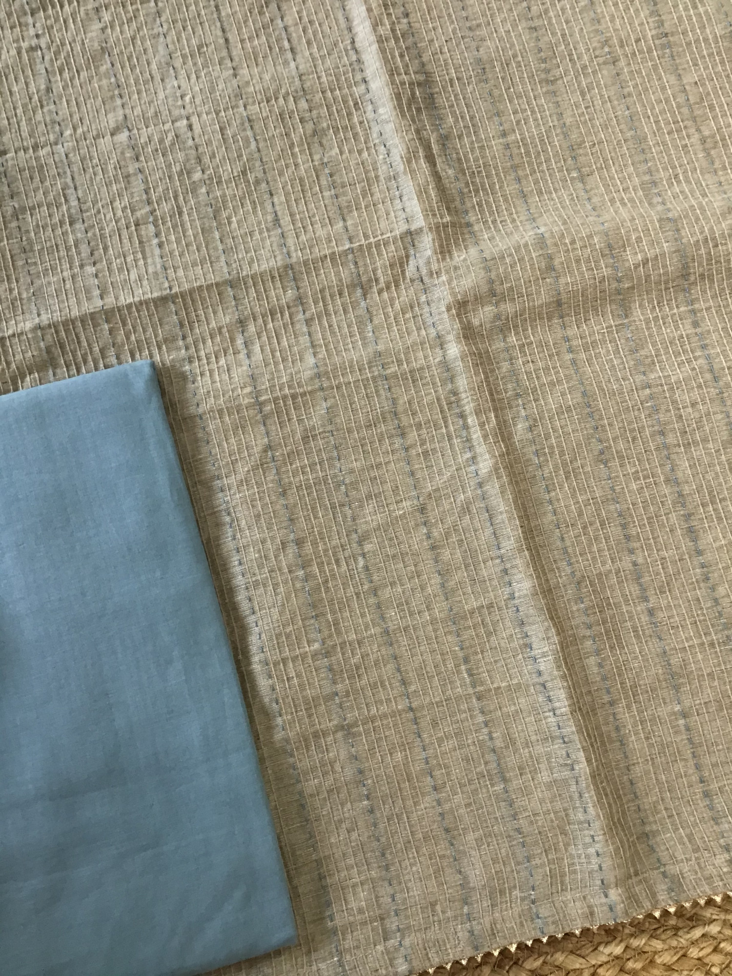 Soft Slub Chanderi Embroidered Suit - BeigeGrey