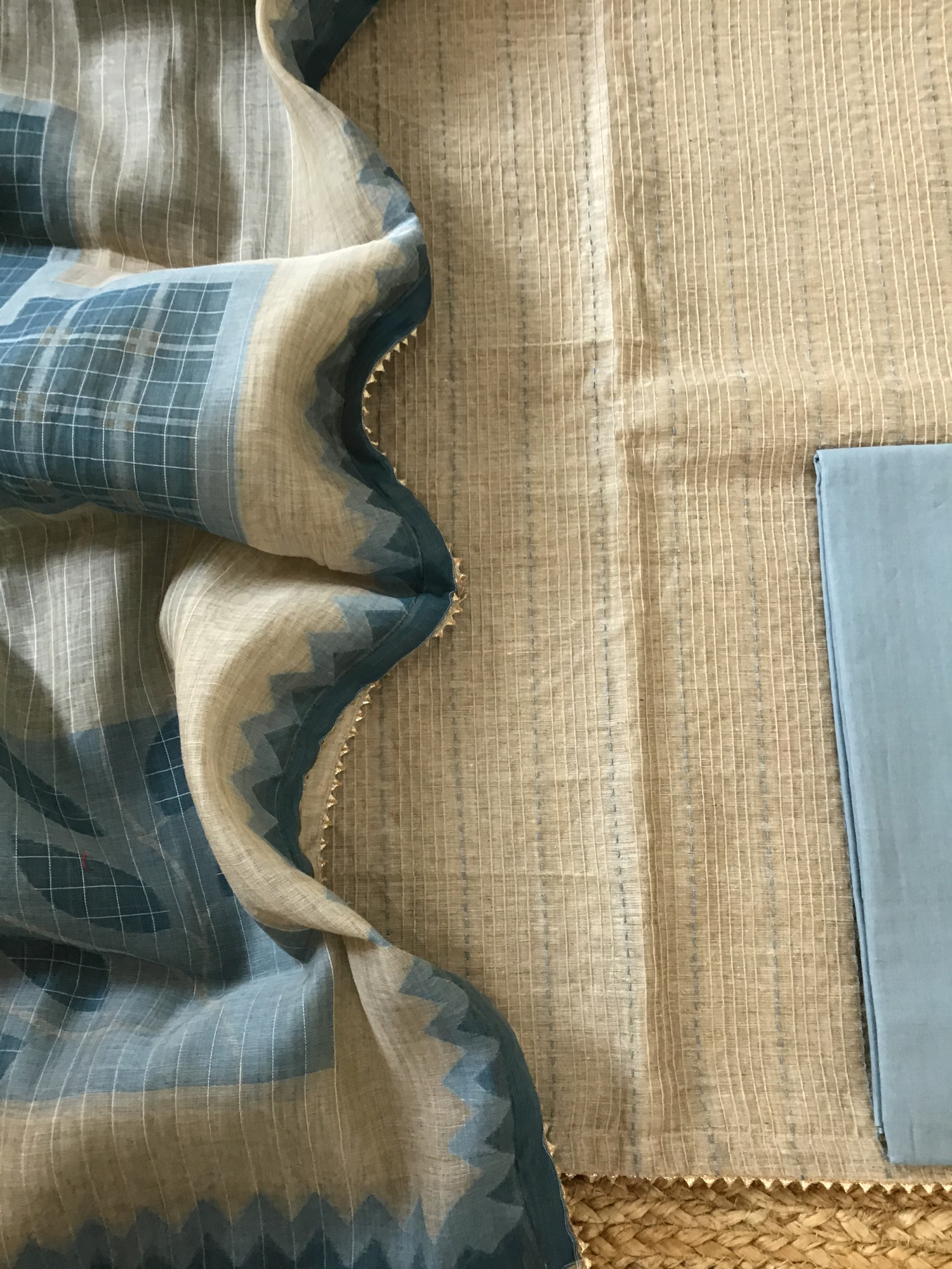 Soft Slub Chanderi Embroidered Suit - BeigeGrey