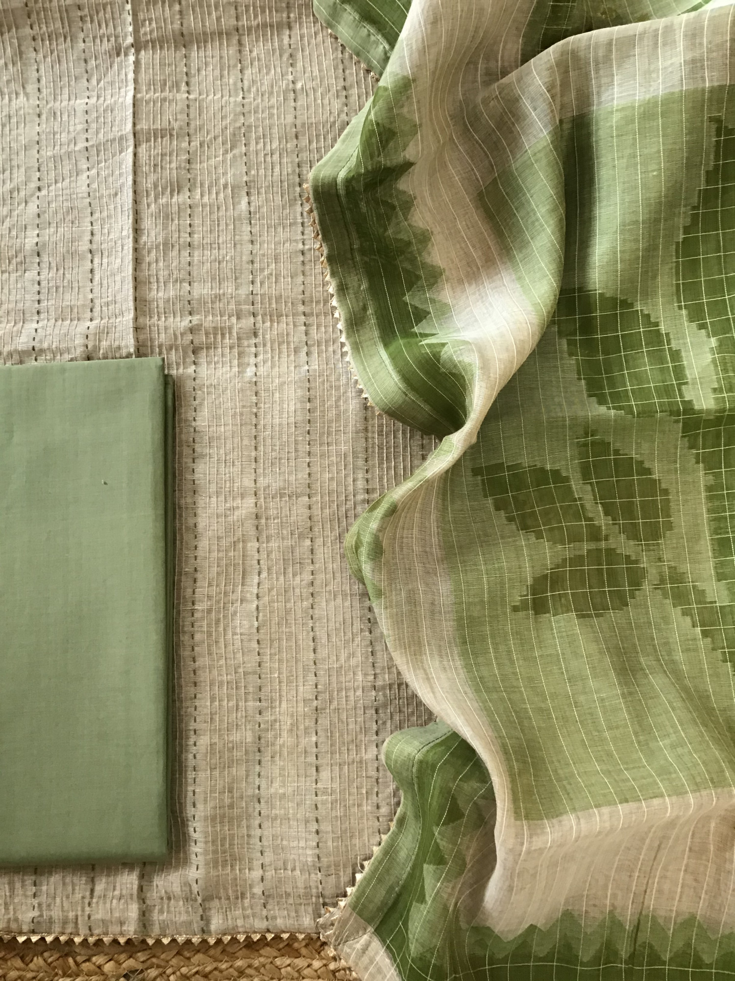 Soft Slub Chanderi Embroidered Suit - BeigeGreen