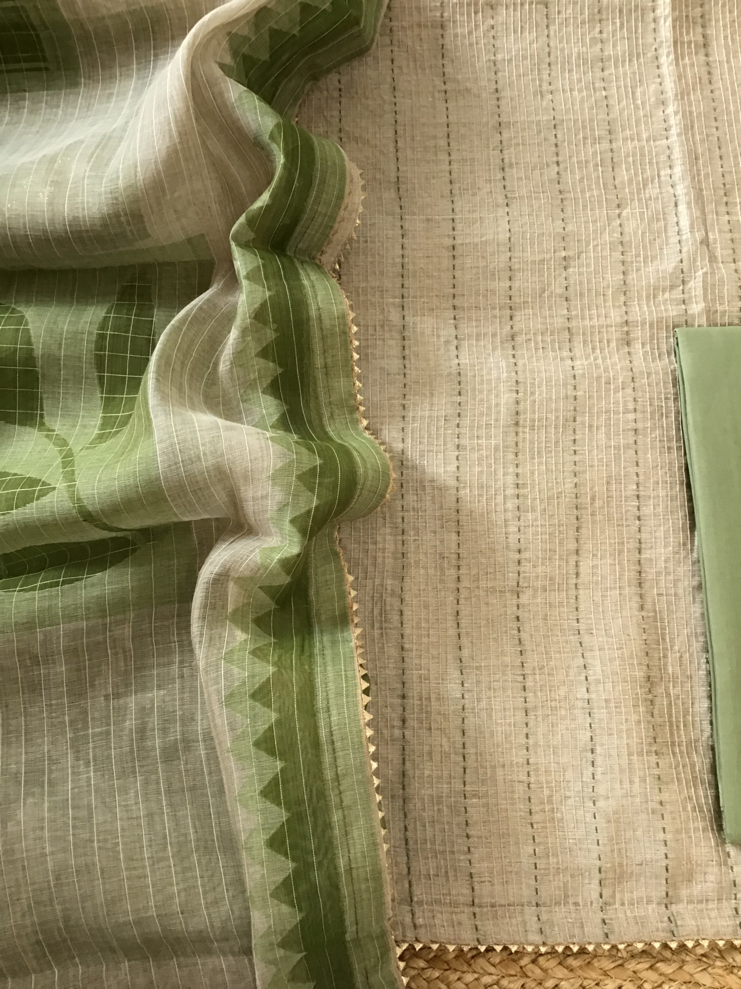 Soft Slub Chanderi Embroidered Suit - BeigeGreen